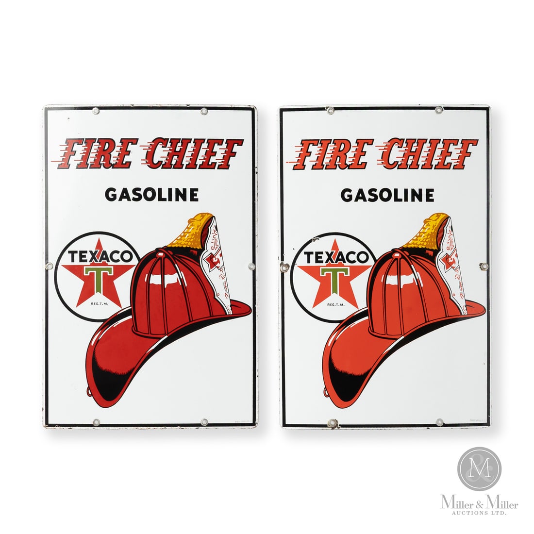 Texaco Fire Chief Gasoline Pump Sign Set: 1957 Single-sided porcelain (SSP). The Fire Chief brand was introduced in 1932 as a super-octane fuel. It was marketed as being the same high-performance fuel used by U.S. Government emergency