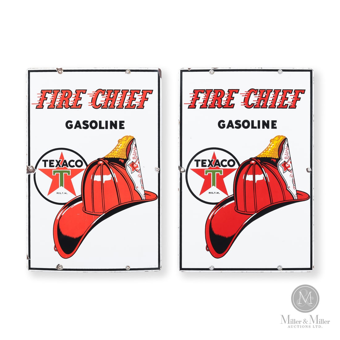 Texaco Fire Chief Gasoline Pump Sign Set: 1958 Single-sided porcelain (SSP). The Fire Chief brand was introduced in 1932 as a super-octane fuel. It was marketed as being the same high-performance fuel used by U.S. Government emergency