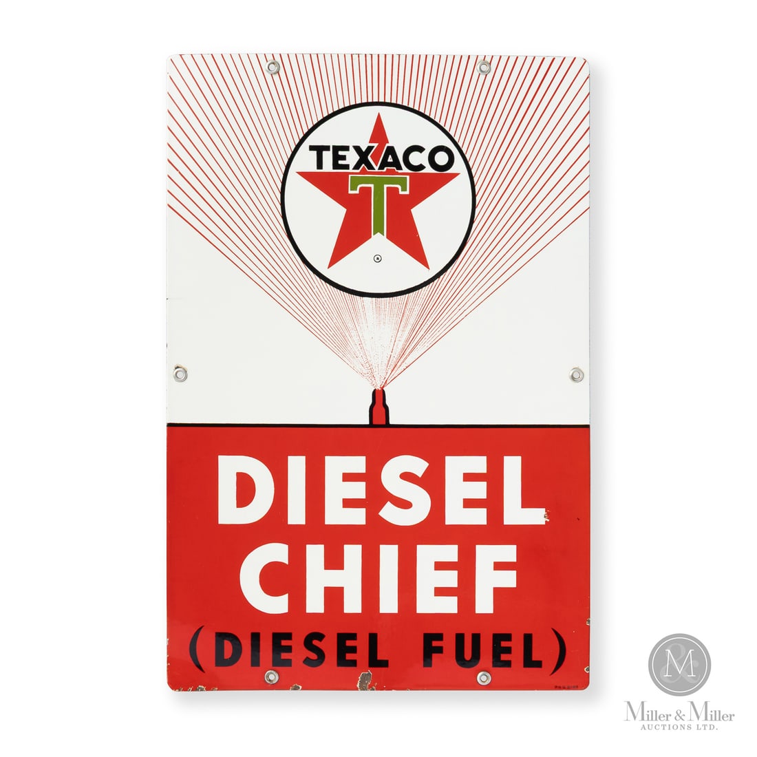 Texaco Diesel Chief Pump Sign: 1964. Single-sided porcelain (SSP). The sign shows the "fine spray" variation (as opposed to the "wide spray"), which shows fine spray lines coming out of the stylized injector tip. Excellent colour