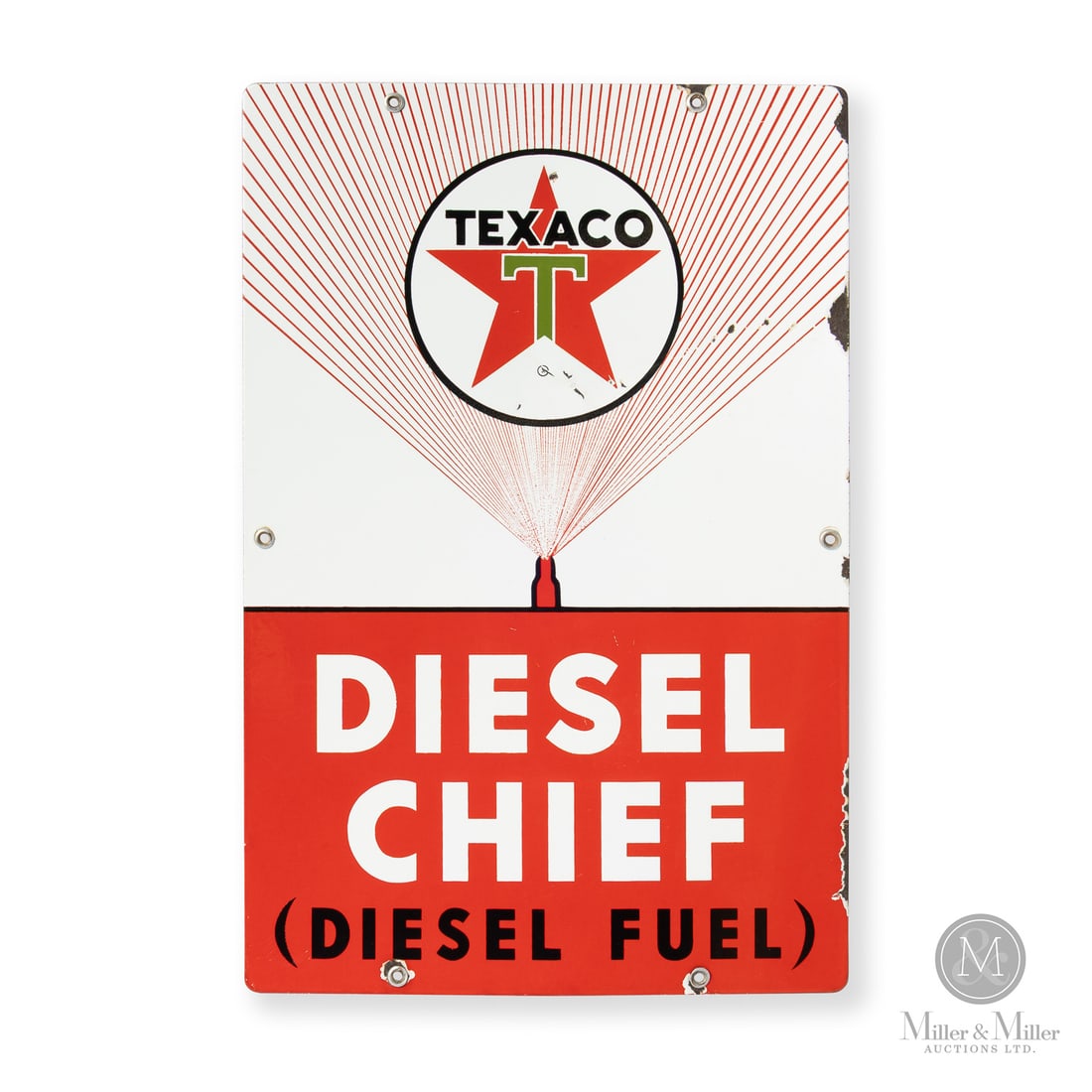 Texaco Diesel Chief Pump Sign: 1959-1967. Single-sided porcelain (SSP). The sign shows the "fine spray" variation (as opposed to the "wide spray"), which shows fine spray lines coming out of the stylized injector tip. The fine