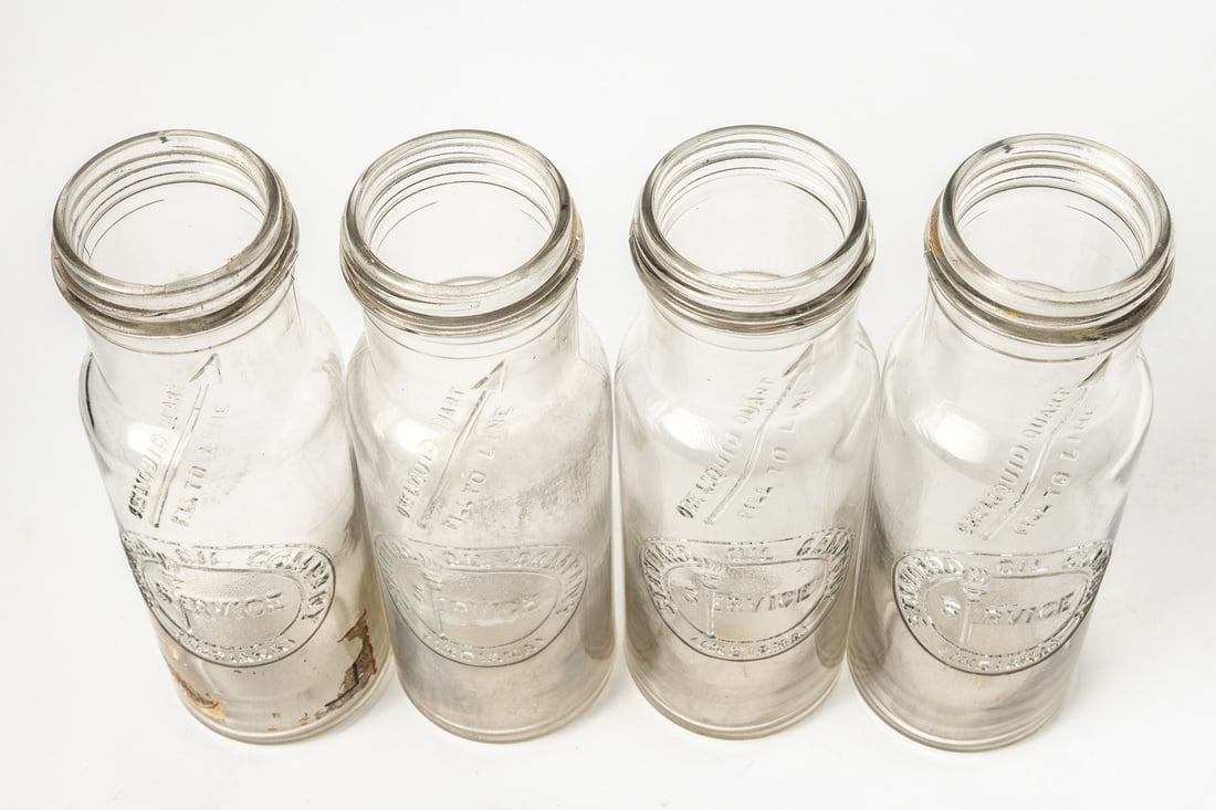 Standard Oil Quart Bottles in 8-Bottle Wire Carrier - 13