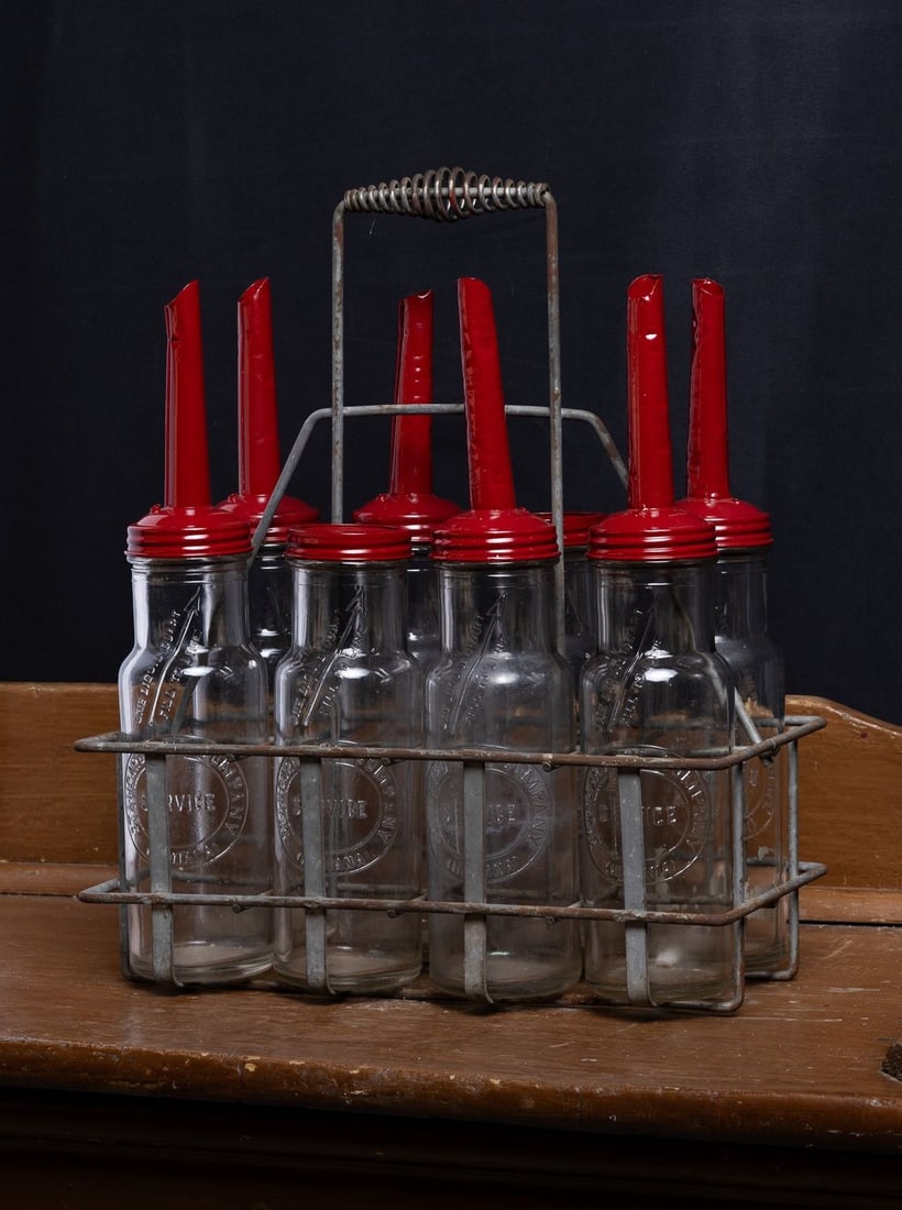 Standard Oil Quart Bottles in 8-Bottle Wire Carrier - 2