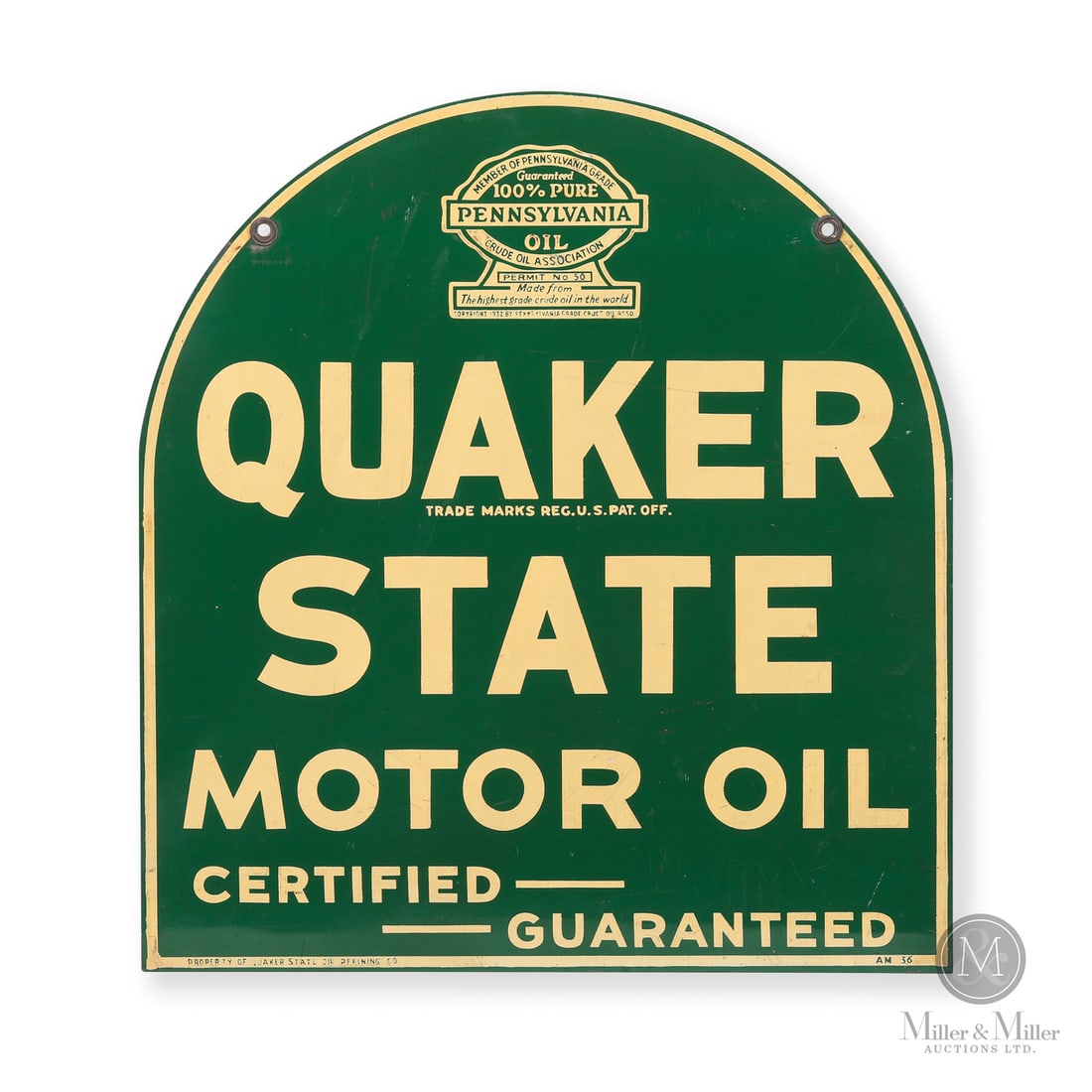 Quaker State Motor Oil "Tombstone" Rack Sign: 1936 Double-sided painted metal (DSPM). This sign represents the 1st generation of the sign's history. It was first produced in 1932, with this one being made in 1936. The logo at the top shows
