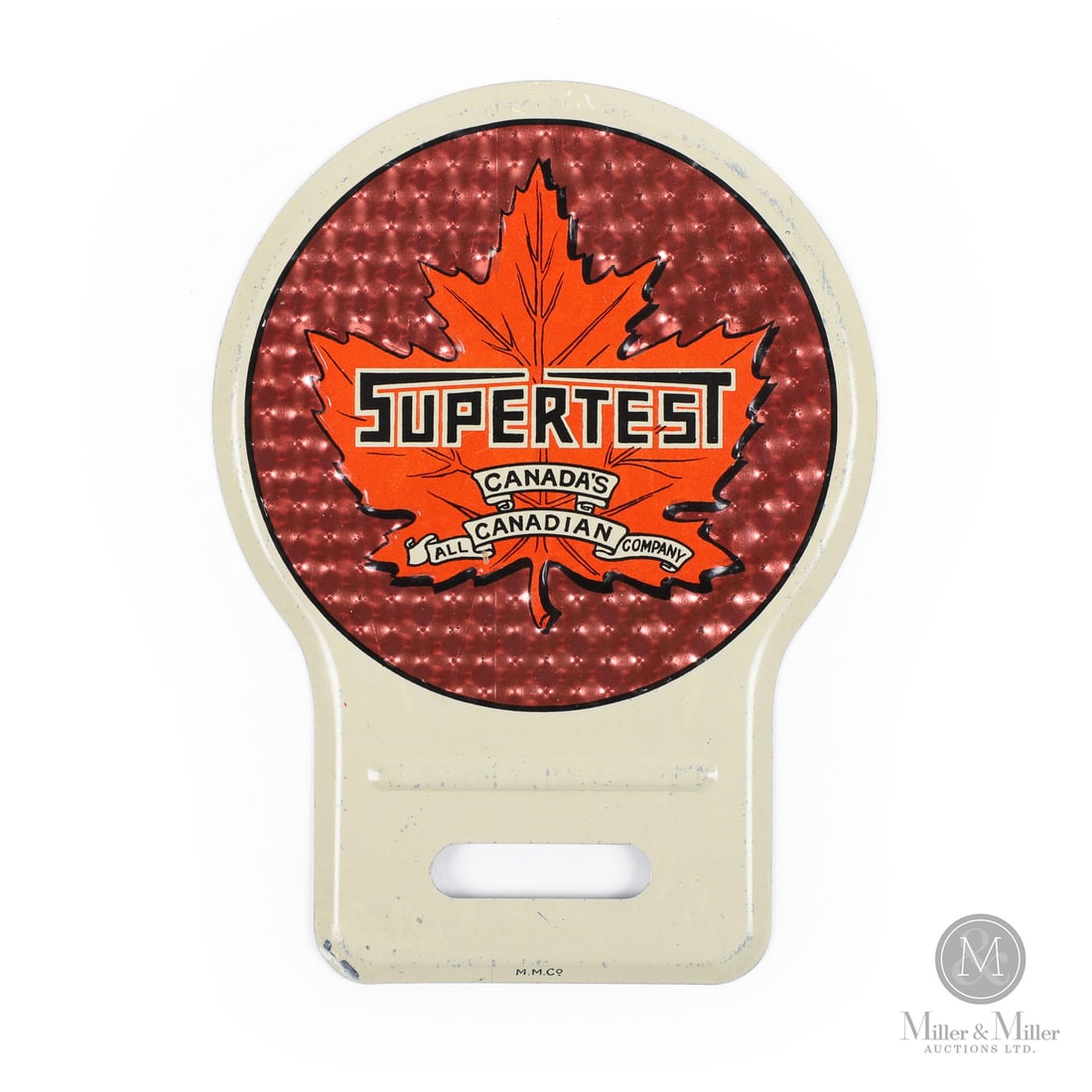 Supertest License Plate Topper: 1940-1944. Lithographed tin. Embossed. Pinpoint paint nick to lower left corner. Reflective background in very good condition. Authenticated by The Authentication Company (TAC #501565). All items are 