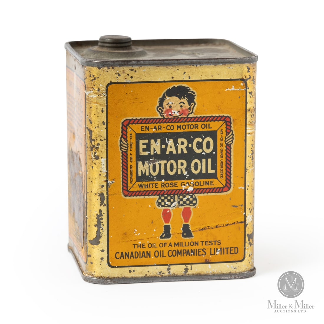 Enarco Motor Oil & White Rose Gasoline Slate Boy Coin Bank: 1920 - 1937. Lithographed Tin. Very good colour. Fine scuffs, scratches, oxidation. Retains plug, requires handle. Heavy abrasions surrounding partial label from Woodstock Ontario merchant. 3.75" x