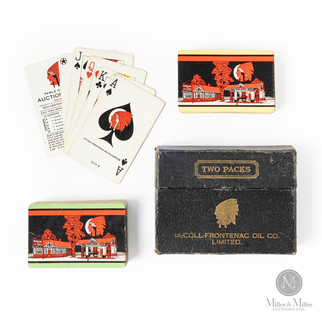McColl-Frontenac Playing Cards Bridge Set: 1927 - 1941. Paper. Very good overall. Cards show some evidence of use: wear to box and corners and edges of cards. Green deck is missing; Clubs: 3, 8 and Jack. Spades: 3. Hearts: 6 and 8. Diamonds:
