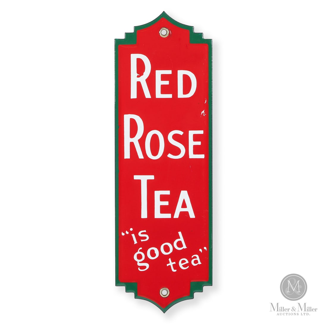 Red Rose Tea Door Push: C. 1935. Single-sided tin (SST). Die-cut. Excellent colour and gloss. Factory flaw in the upper right margin. Retains both grommets. Authenticated by The Authentication Company (TAC #501566). All