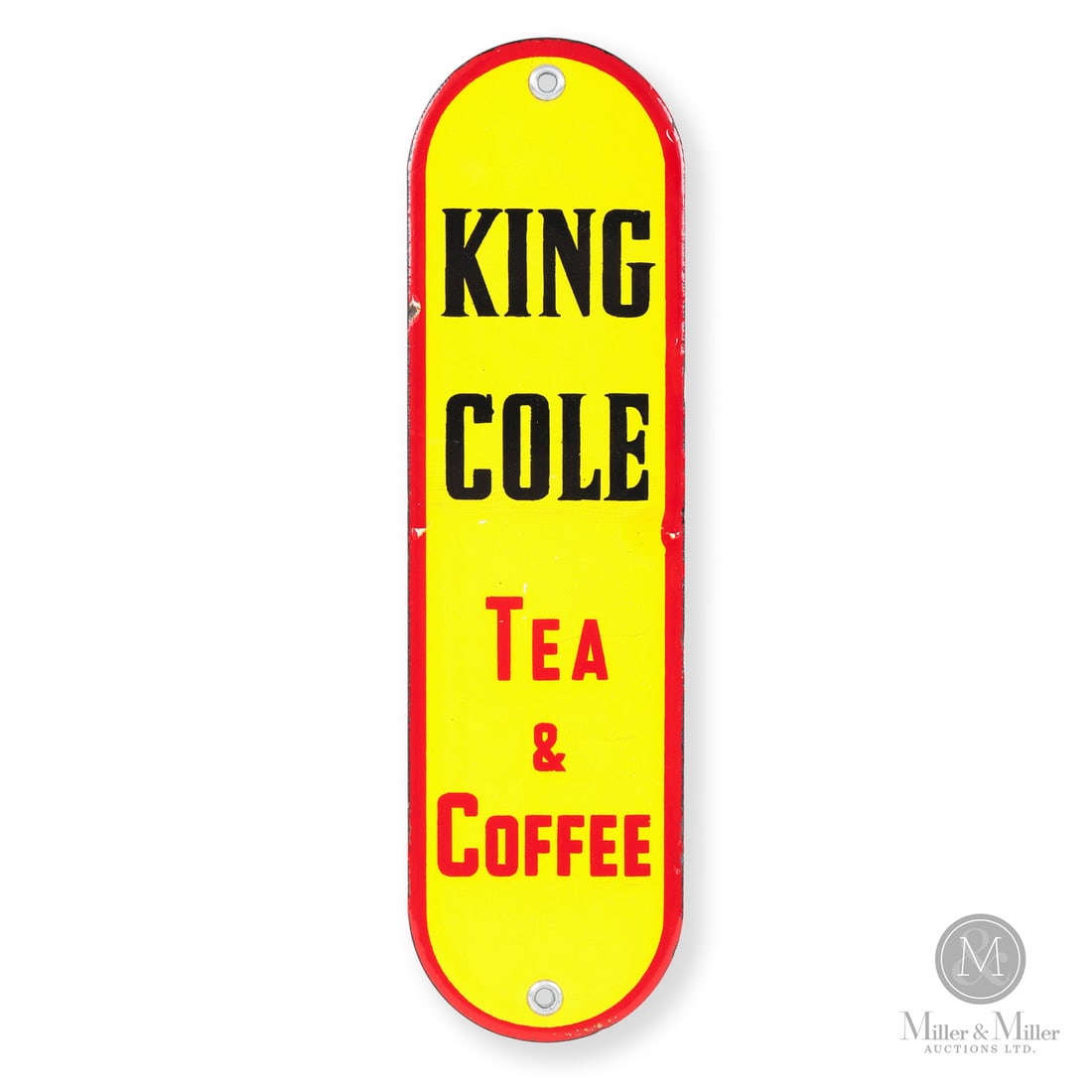 King Cole Tea and Coffee Door Push: 1947-1949. Single-sided porcelain (SSP). Excellent colour and gloss. Edge chips. Factory cooling flaw in the middle right margin. Pinpoint flakes. Fine horizontal hairlines across the center. Retains
