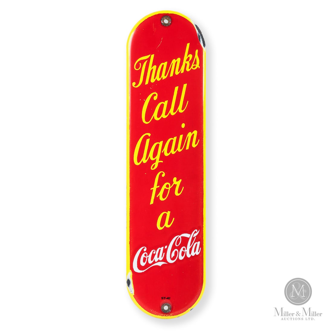 Coca-Cola "Thanks Call Again" Door Push: 1941. Single-sided porcelain (SSP). This is the "long version" of the Coca-Cola door push. Coca-Cola distributed two versions of this long palm push, which can be differentiated by their "call"