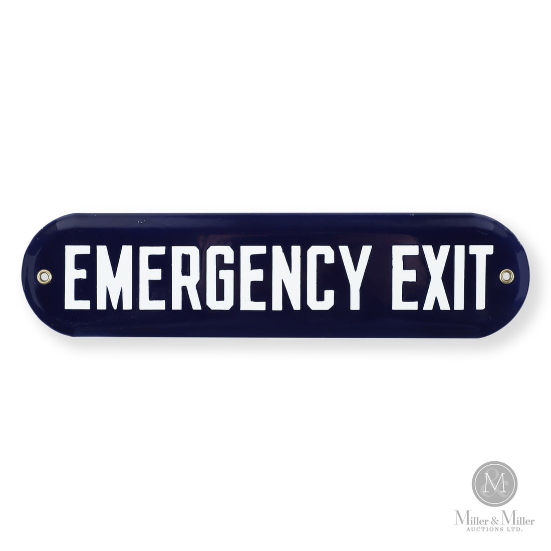 Emergency Exit Door Plaque: 1946-1960. Single-sided porcelain (SSP). Excellent colour and gloss. Retains both grommets. Authenticated by The Authentication Company (TAC #501587). All items are guaranteed authentic by Miller & Mi