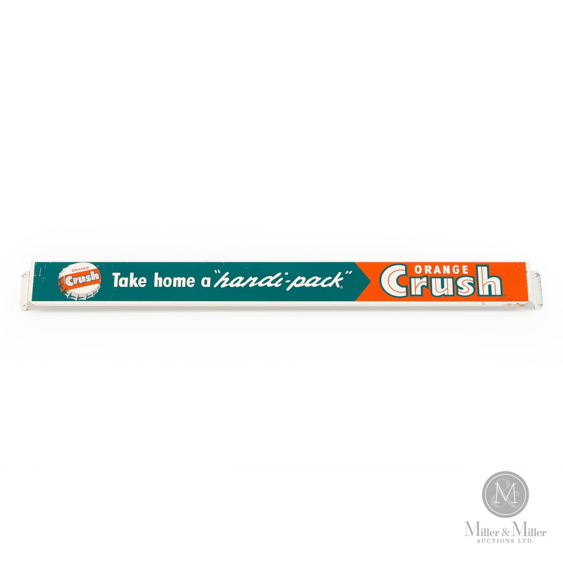 Orange Crush "Handi-pack" Push Bar: 1955. Single-sided tin (SST). Excellent colour and gloss. Minor paint nicks and fine scratches, particularly along upper and lower edge. Authenticated by The Authentication Company (TAC #501555). All