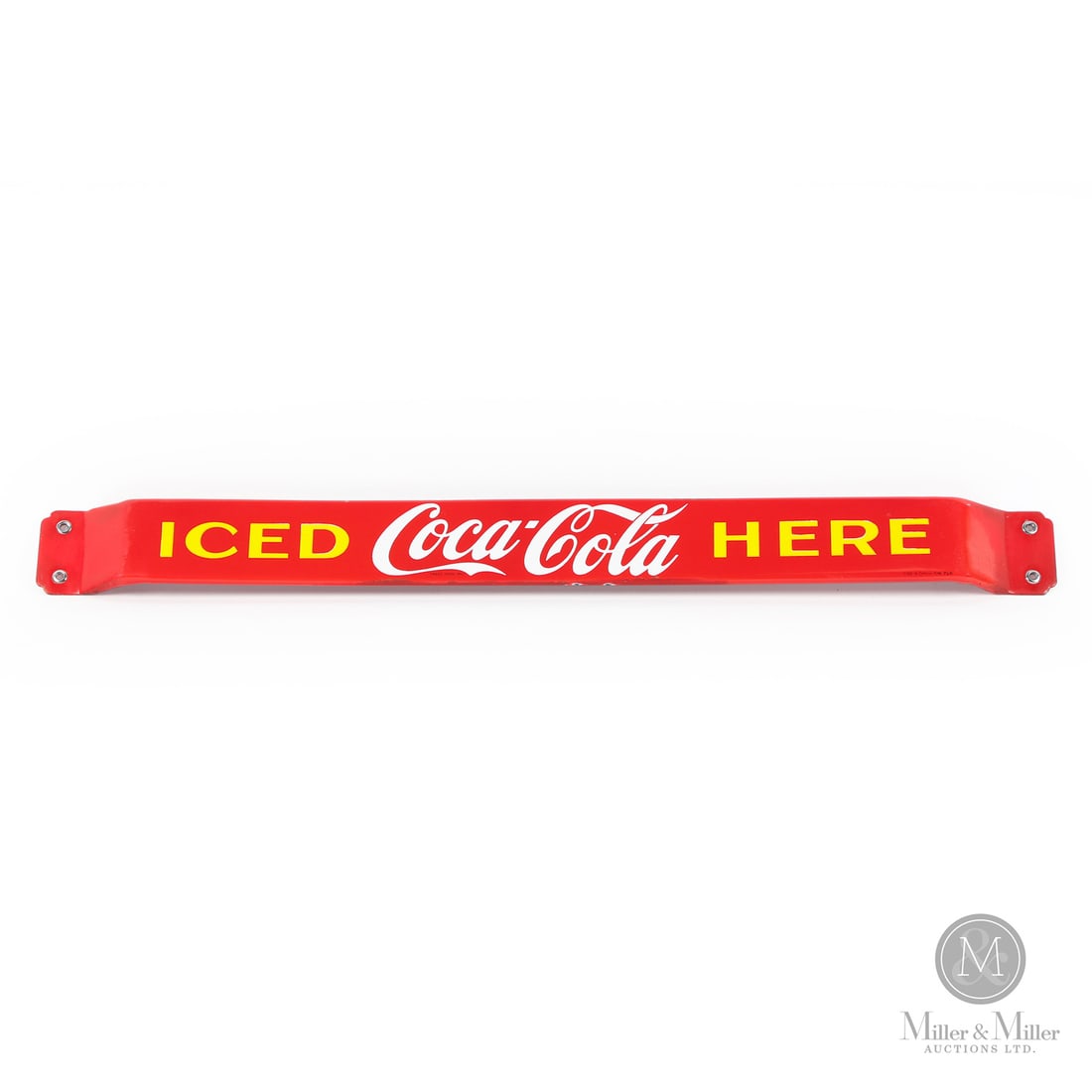 Coca-Cola "ICED HERE" Push Bar: 1946. Single-sided porcelain (SSP). Earlier version featuring maker's mark on the front lower right edge. Push bars made in this style are often marked on the reverse and produced in the 1950s. All it