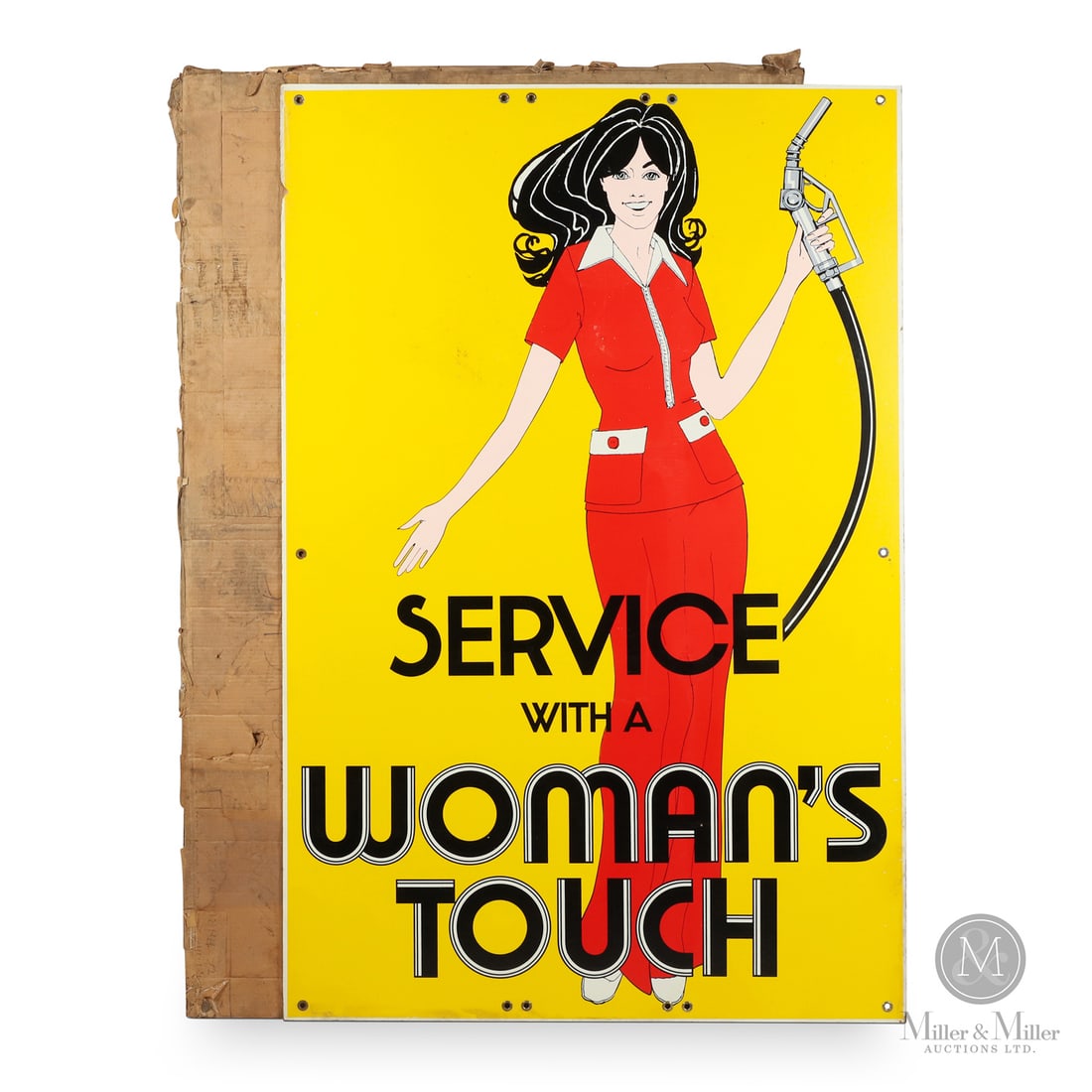 Texaco "Service With A Woman's Touch" Sign: 1971. Single-sided masonite (SSM). In 1971, Texaco launched a "nostalgia-driven" retro merchandising plan (note the text on the label referring to the "Texaco Merchandising Plan"). Instead of designin