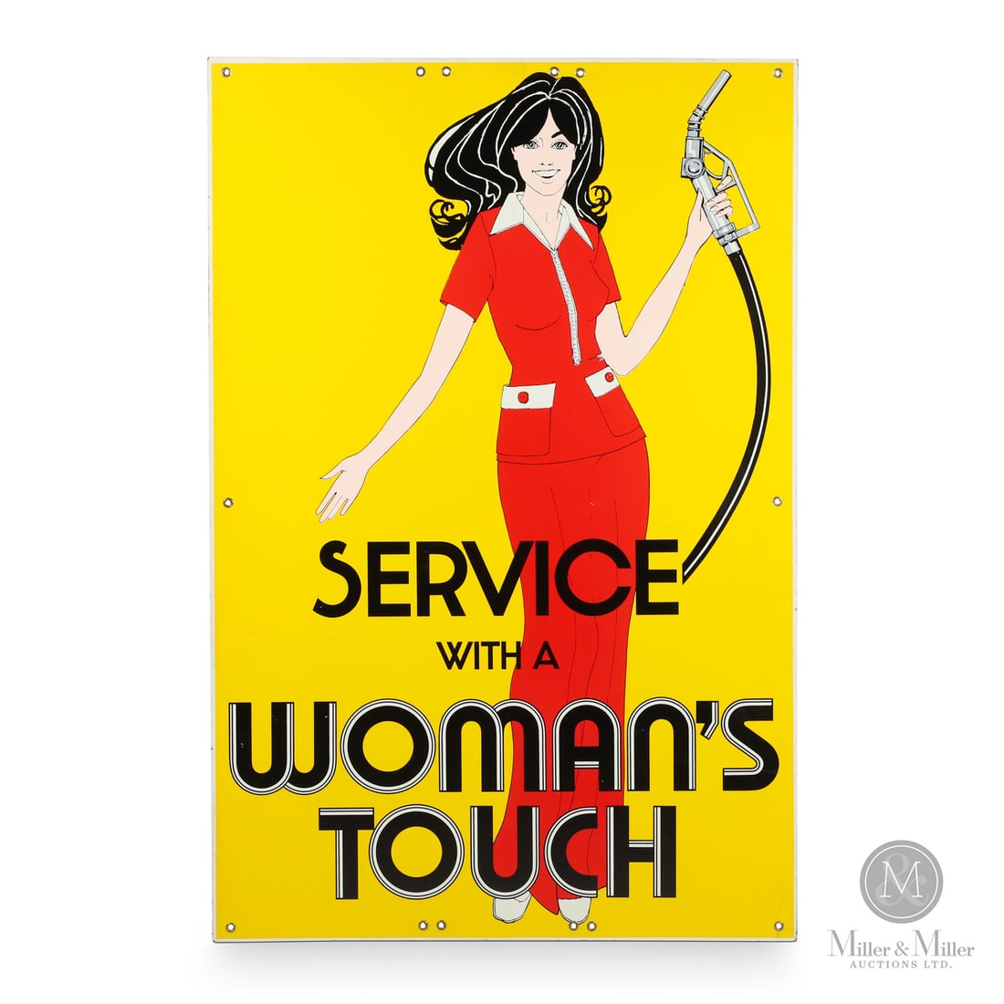 Texaco "Service With A Woman's Touch" Sign: 1971. Single-sided masonite (SSM) In 1971, Texaco launched a "nostalgia-driven" retro merchandising plan (note the text on the label referring to the "Texaco Merchandising Plan"). Instead of