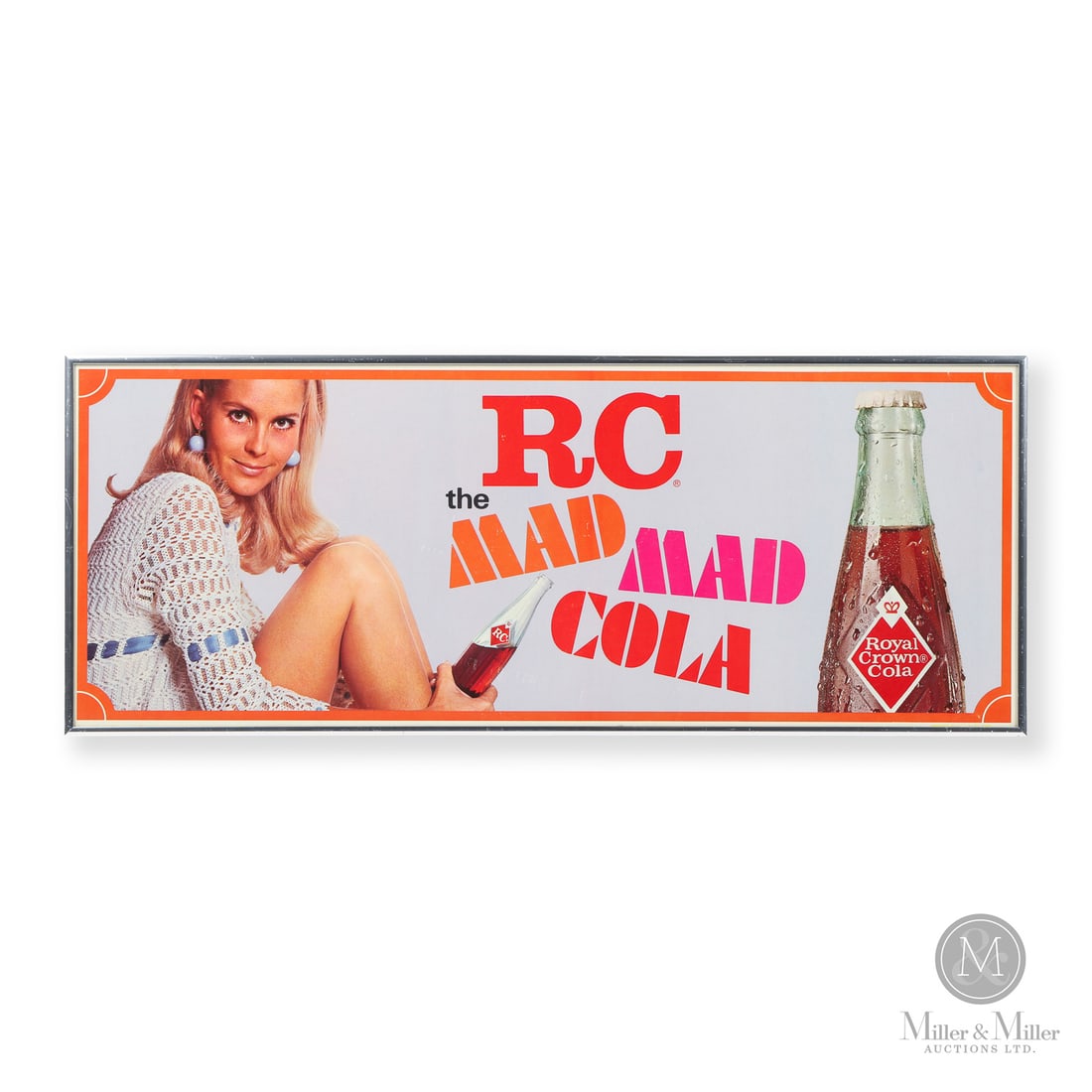 Royal Crown Cola Poster: 1965-1969. Lithographed paper. All items are guaranteed authentic by Miller & Miller Auctions. All purchases are eligible for free delivery to the Check the Oil Show on June 26, 2026. 11.25" x 28.25"