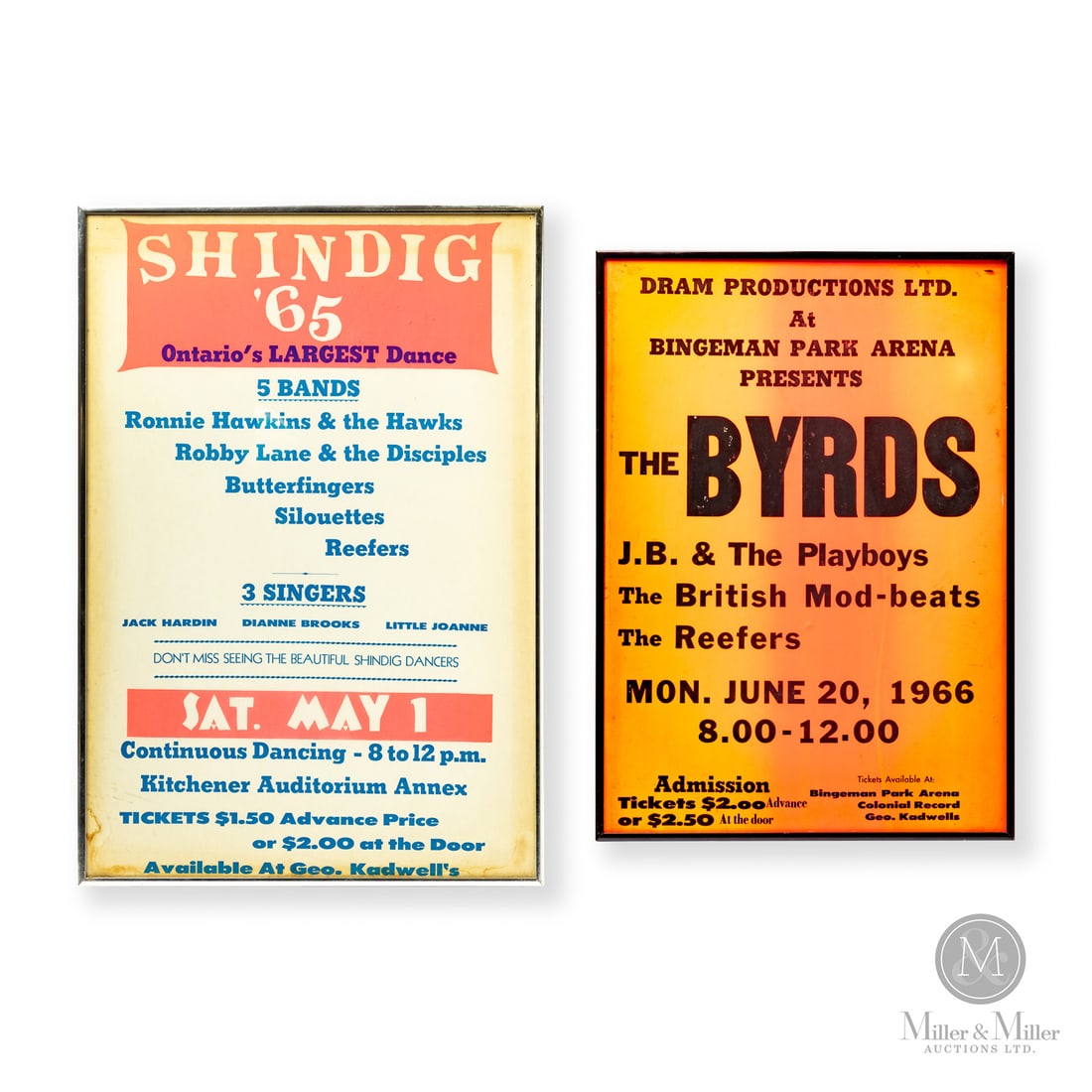 Shindig '65 and The Byrds Concert Posters: 1960's. Cardstock. From local restaurant in Waterloo, Ontario. na All items are guaranteed authentic by Miller & Miller Auctions. All purchases are eligible for free delivery to the Check the Oil Show
