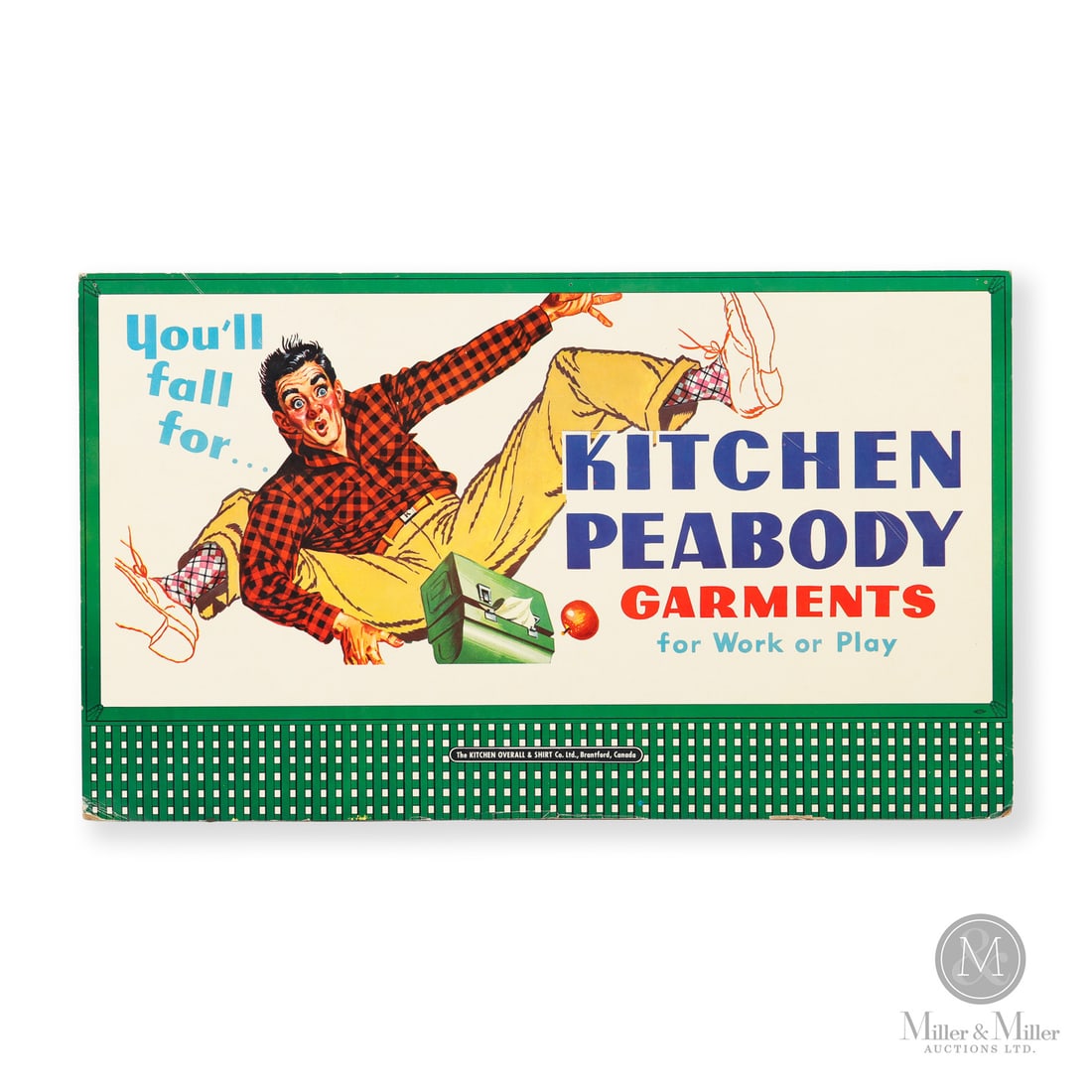 KITCHEN PEABODY GARMENTS Easel Sign: 1940-1950. Single-sided cardboard (SSCB). Excellent colour. Three pin holes along the upper margin. Creasing and soft corners to the lower margin. Retains one easel and one partial easel on reverse. A