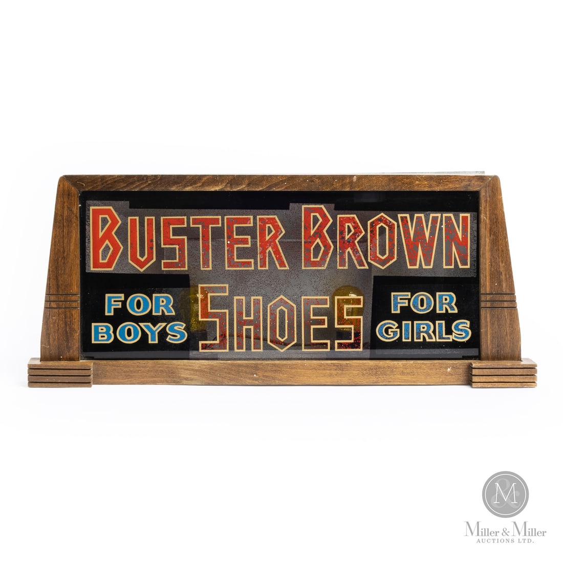 Buster Brown Shoes Backlit Display: All items are guaranteed authentic by Miller & Miller Auctions. All purchases are eligible for free delivery to the Check the Oil Show on June 26, 2026. 10.5" x 25" x 6.5". Size 10.5" x 25" x 6.5".