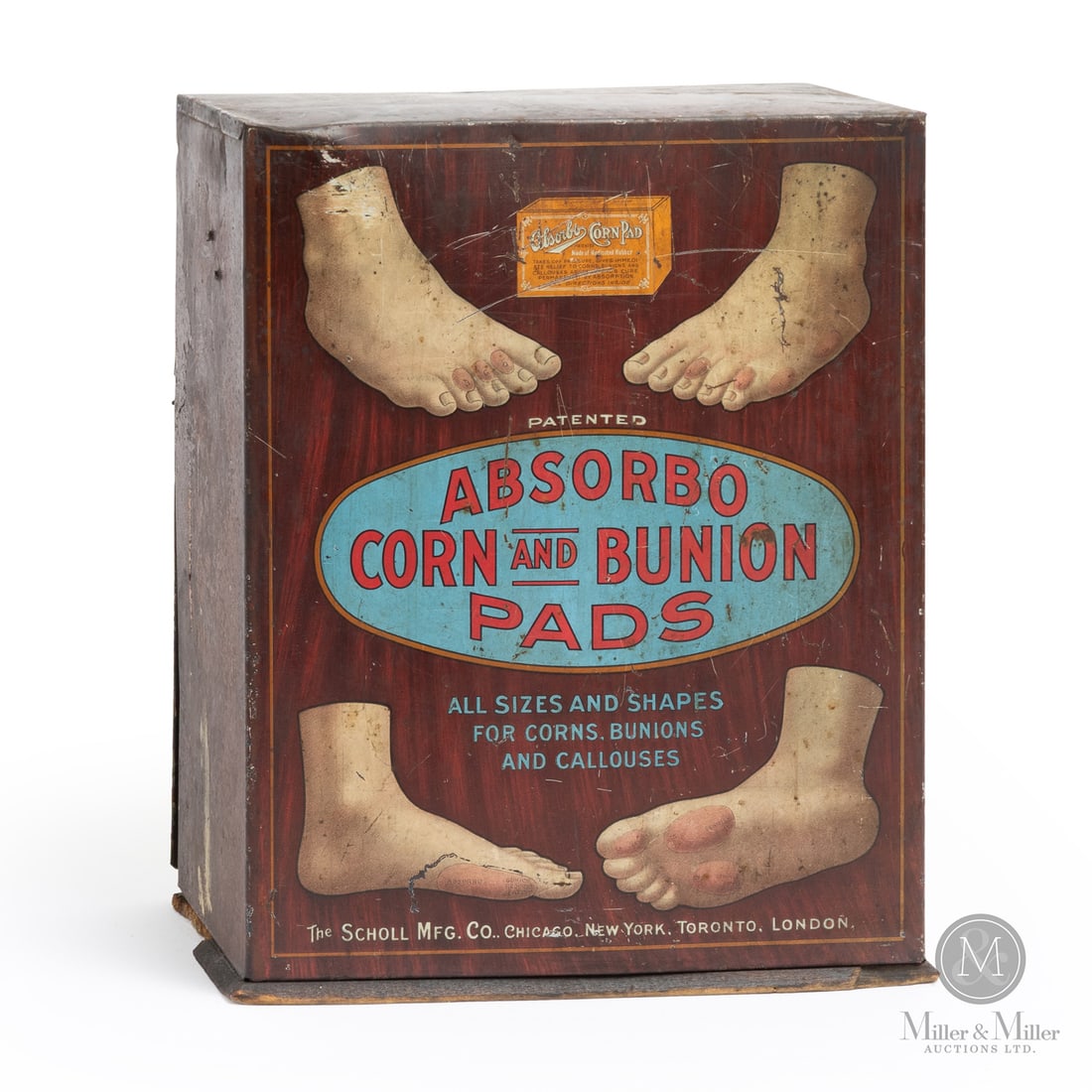 Absorbo Corn and Bunion Pads Display Cabinet: 1906-1914 Lithographed tin. Product shown. Product shown in use. All items are guaranteed authentic by Miller & Miller Auctions. All purchases are eligible for free delivery to the Check the Oil Show