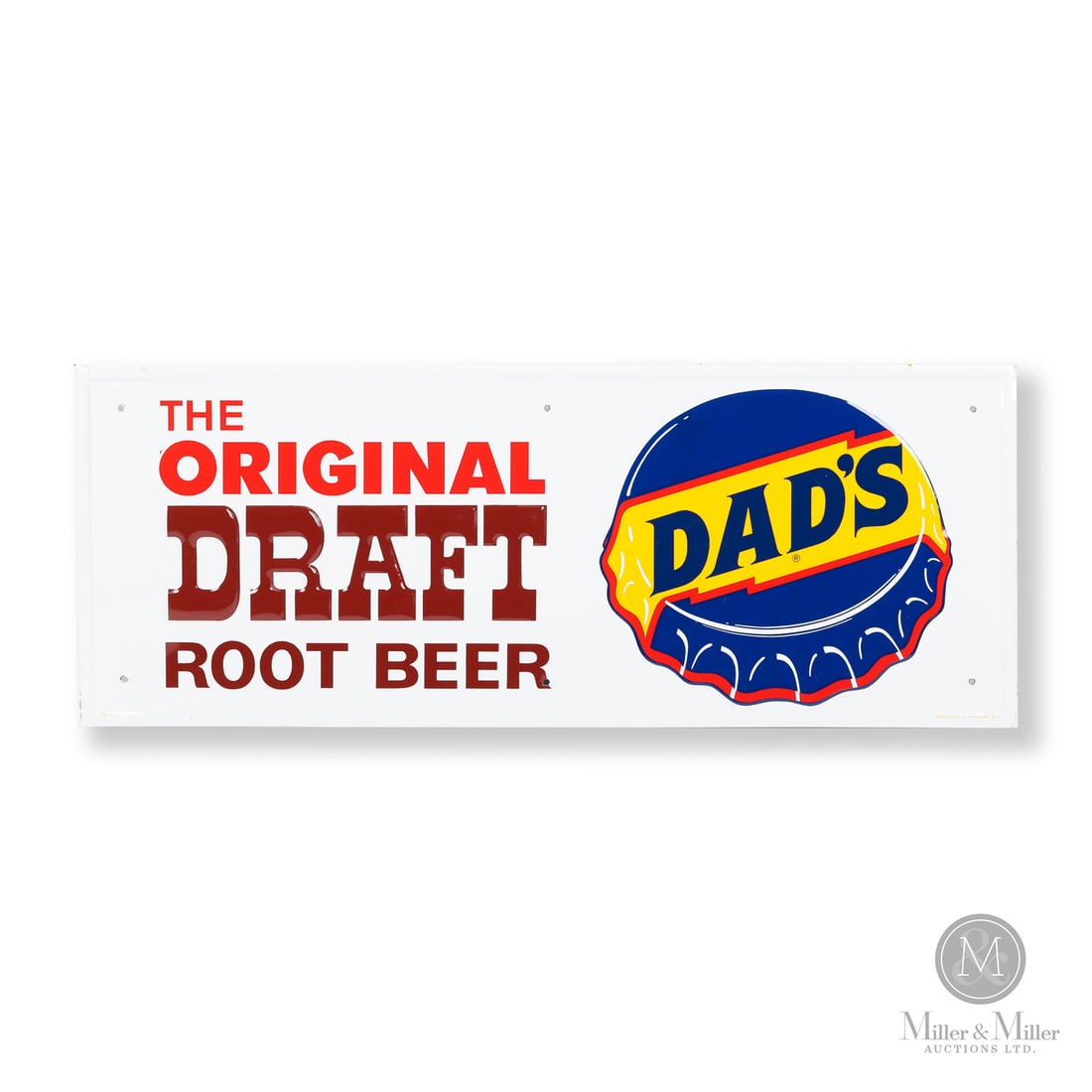 Dad's Root Beer Door Kick Sign: 1971. Single-sided tin (SST). Embossed with a raised border. Excellent colour and gloss. Minor surface nicks to raised edge. One pinpoint nick to the left of the 'O' in "original". Authenticated by