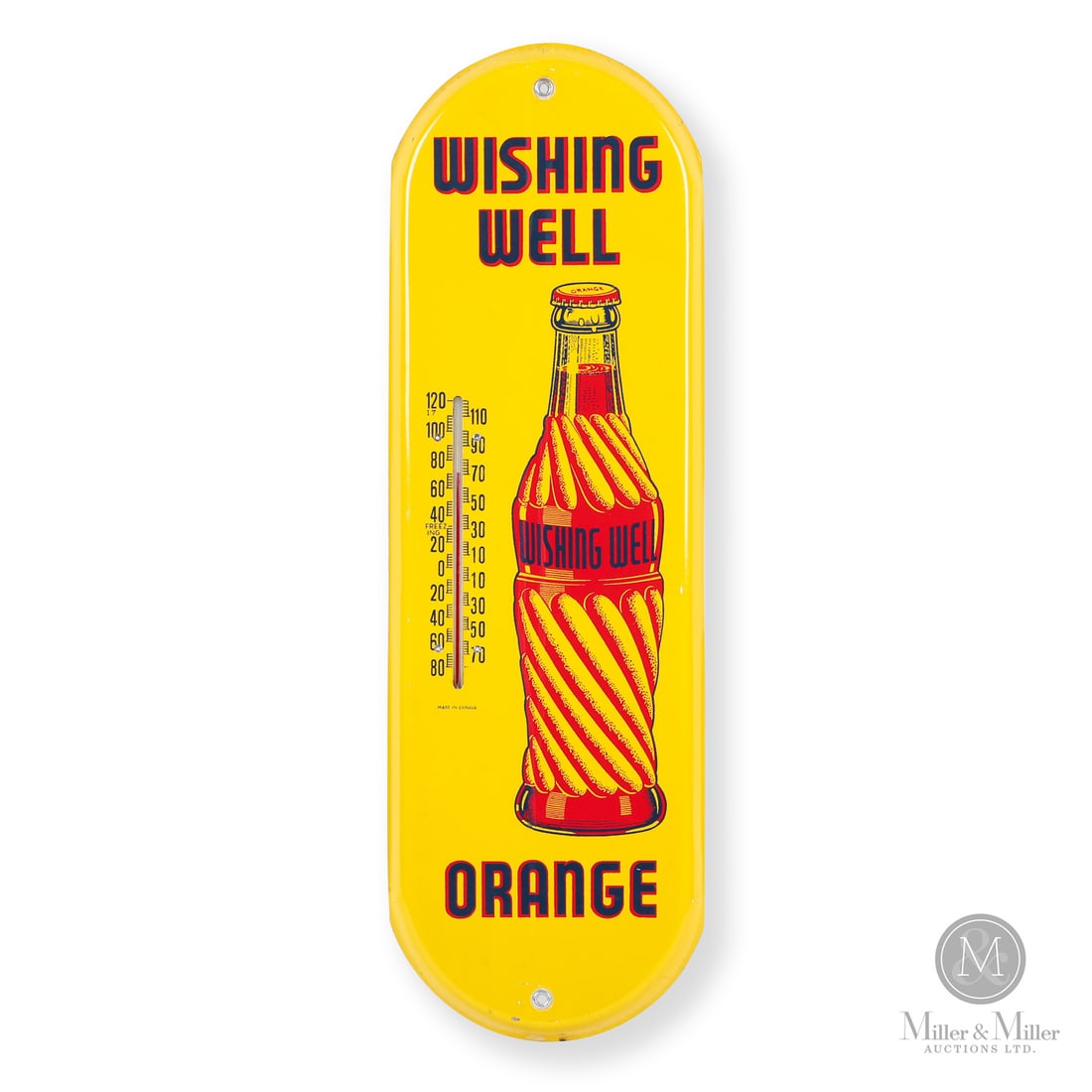 Wishing Well Orange Thermometer: 1946-1961. Single-sided tin (SST). Return edge. Excellent colour and gloss. Pinpoint nicks surrounding the upper and lower grommet. Pinpoint edge and corner nicks. Authenticated by The Authentication 