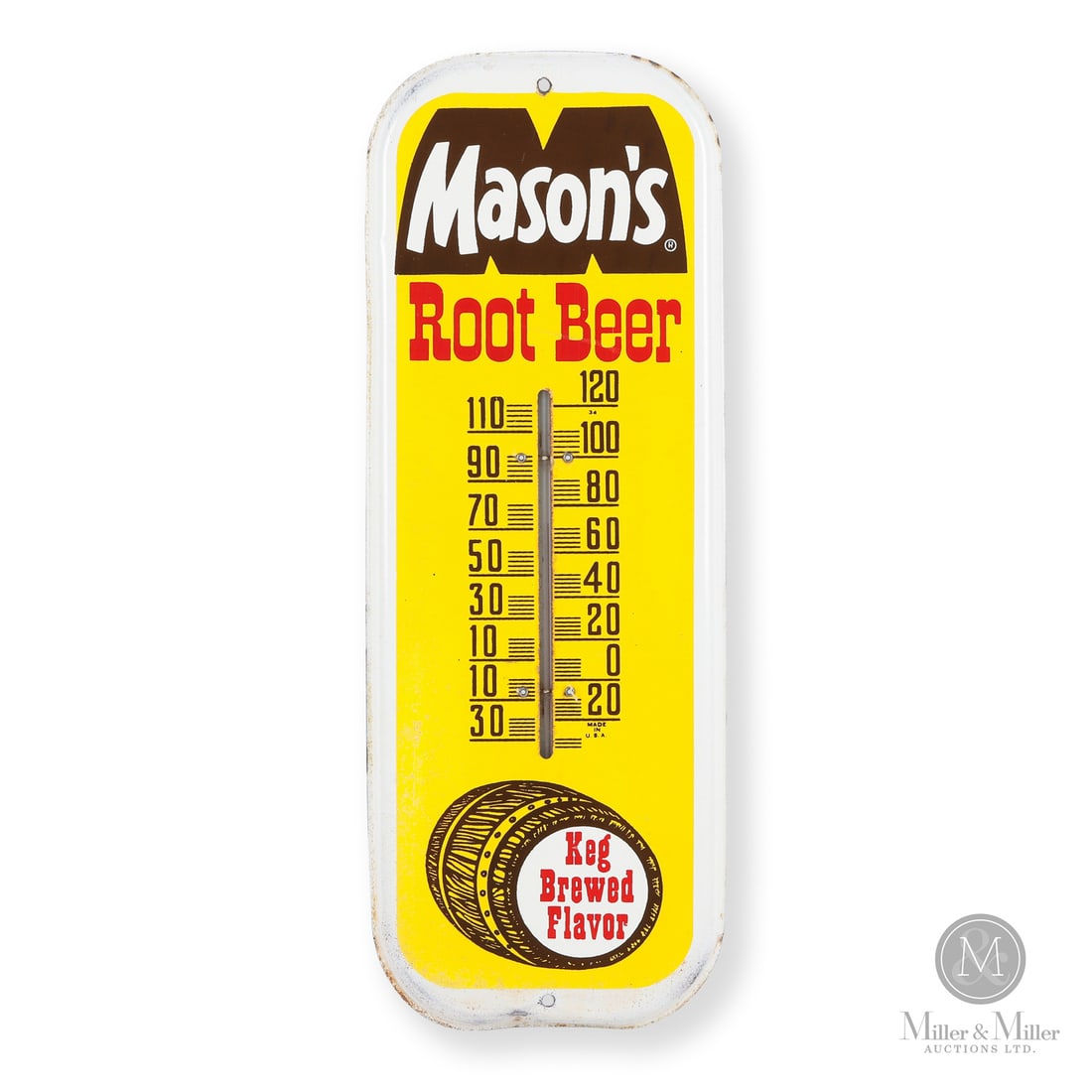 Mason's Root Beer Thermometer: 1968. Single-sided tin (SST). Excellent colour and gloss. Oxidation, particularly in lower quarter and at edges. Minor crease to the center of the lower return edge. Authenticated by The