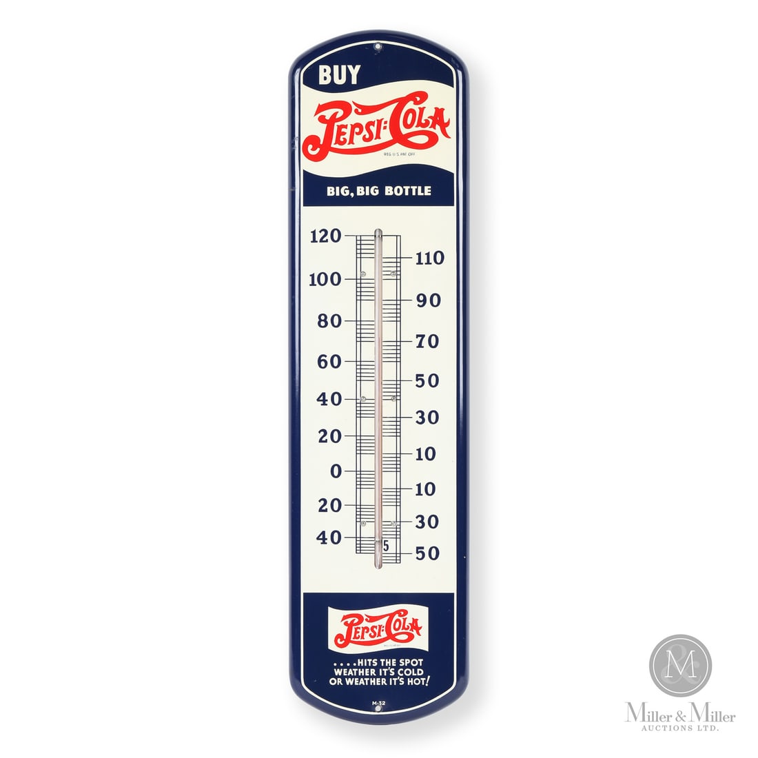 Pepsi-Cola "Big, Big Bottle" Thermometer: 1940-1950. Single-sided tin (SST). Return edge. The "Big, Big Bottle" highlighted that consumers were getting nearly twice as much soda for their nickel. During the 1930s and 1940s, Pepsi began