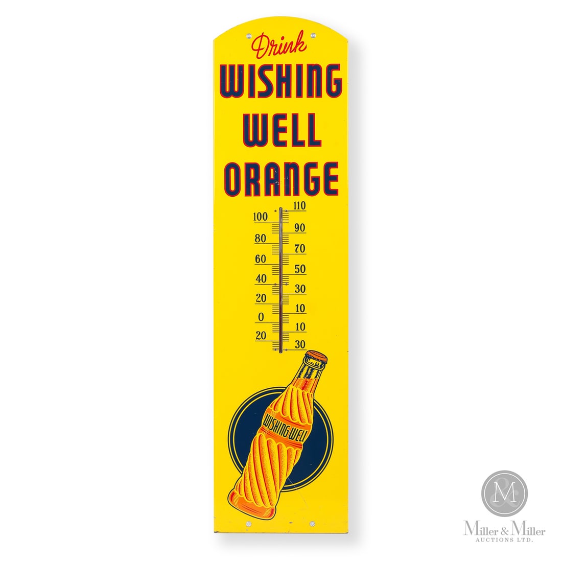 Wishing Well Orange Thermometer: 1961. Single-sided painted metal (SSPM). Return edge. Excellent colour and gloss. Pinpoint nicks affecting the 'A' and 'N' of "Orange" script. Fine 3" scratch extending downward from the lower right