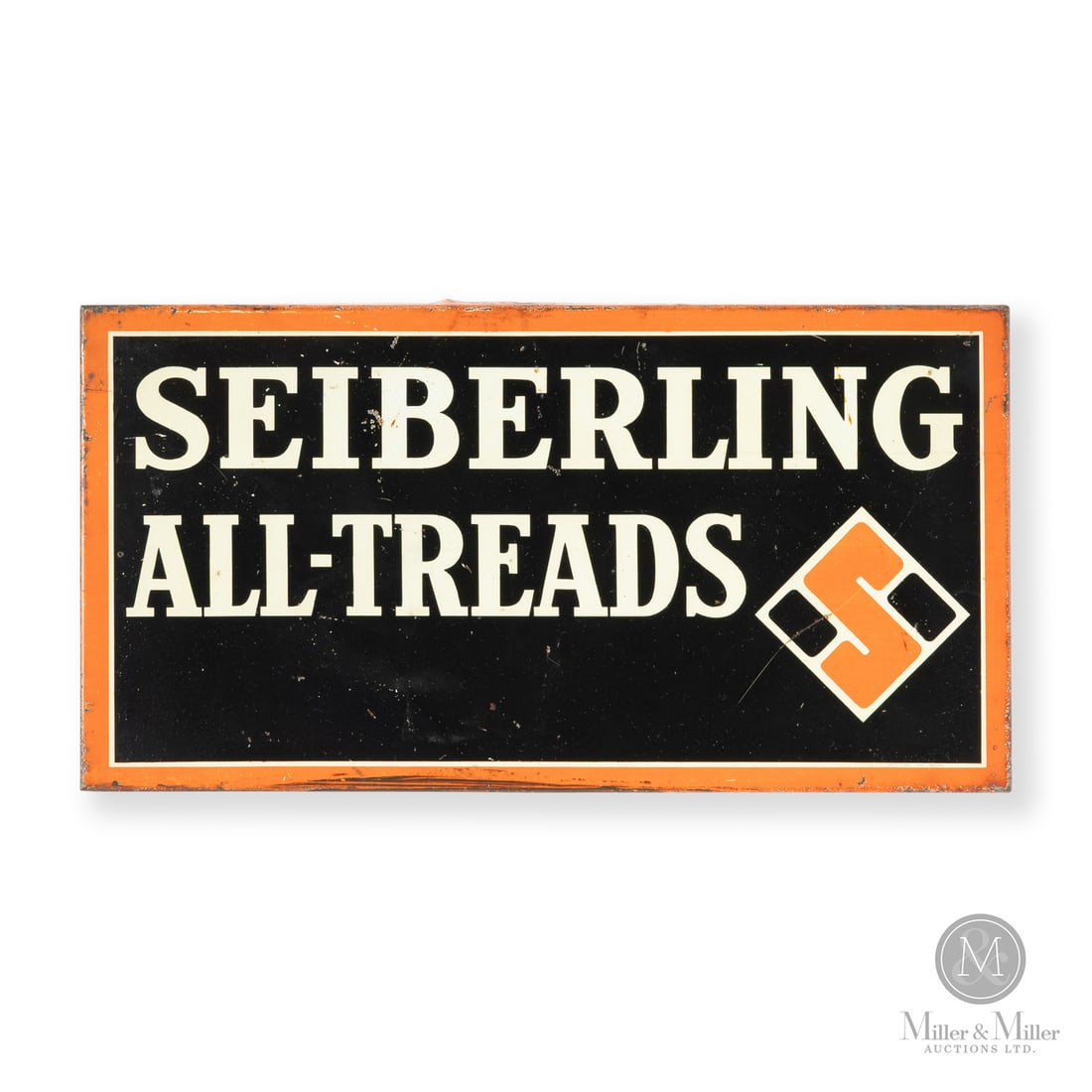 Seiberling "All-Treads" Sign: 1921-late 1930s. Single-sided tin (SST). Return edge. The Seiberling "All-Treads" slogan was introduced in 1921 (shortly after the company was founded in the same year). With early roads being made of