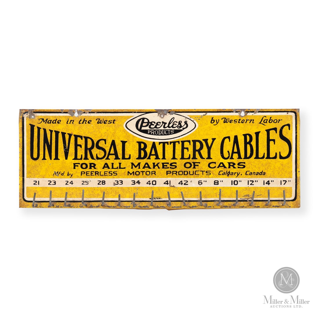 Peerless Universal Battery Cables Rack: 1945-1965. Single-sided tin (SST). Return edge. Peerless used these racks as "silent salesman". They would provide the rack at no charge to a garage, which guaranteed their brand was the first thing a