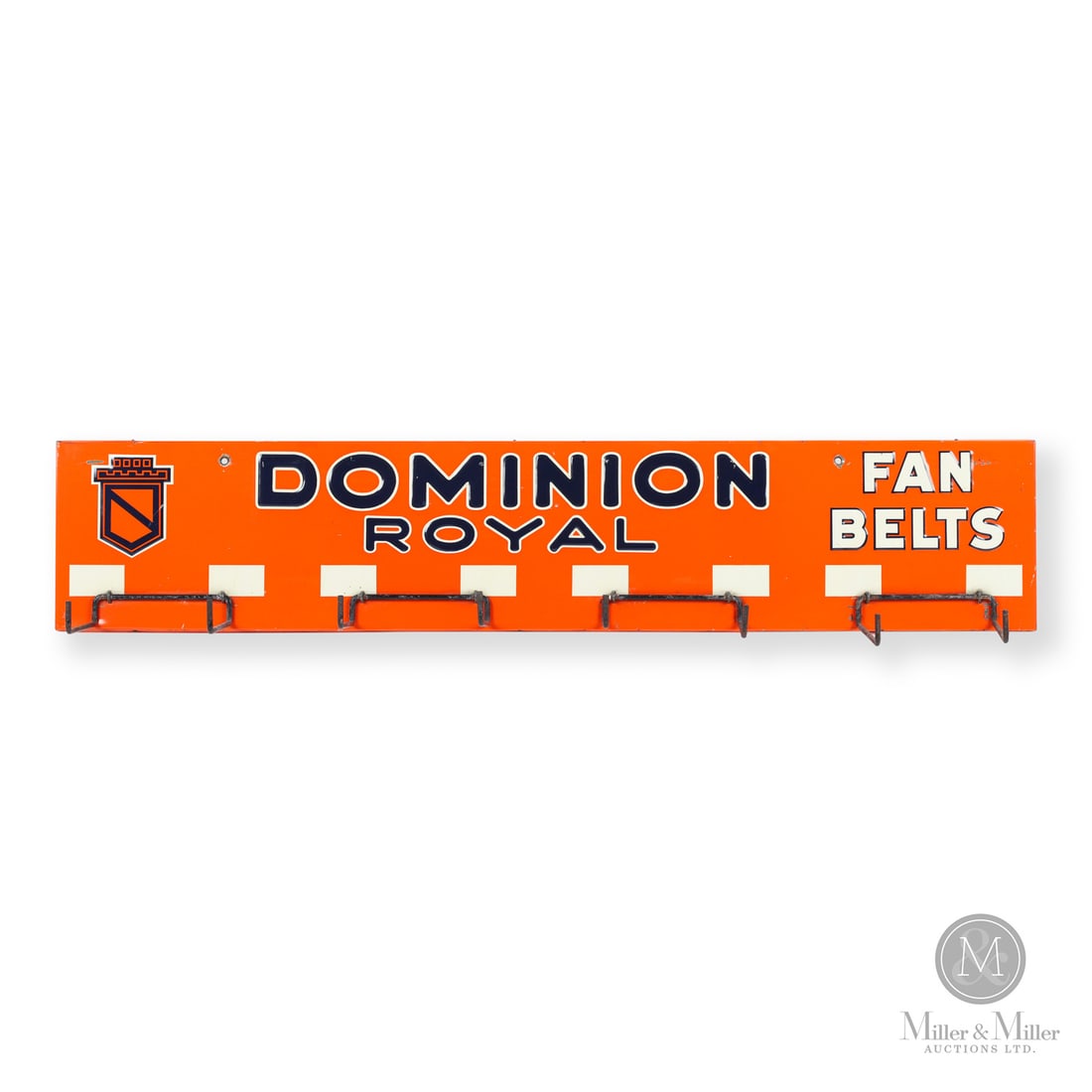 Dominion Royal Fan Belts Rack: 1930s-1940s. Single-sided painted metal (SSPM). Return edge. Excellent colour and gloss. Minor paint nicks and nicks surrounding mounting holes. Retained on original wood plank. Retains wire