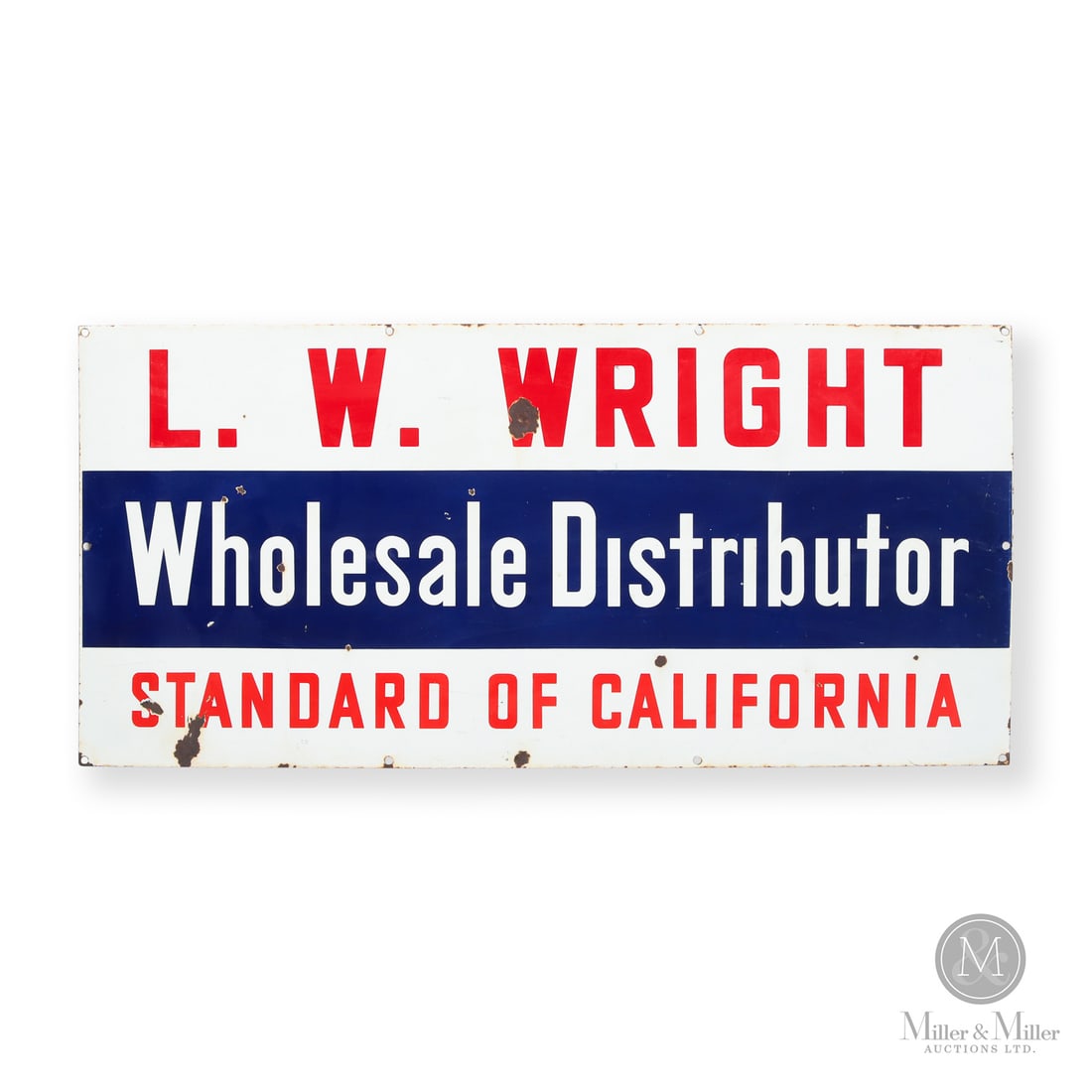 L.W. Wright Standard Oil of California Distributor Sign: Late 1940s-1950s. Single-sided porcelain (SSP). The "Standard of California" refers to the Standard Oil Company of California (Socal), which was the primary descendant of the Standard Oil trust after