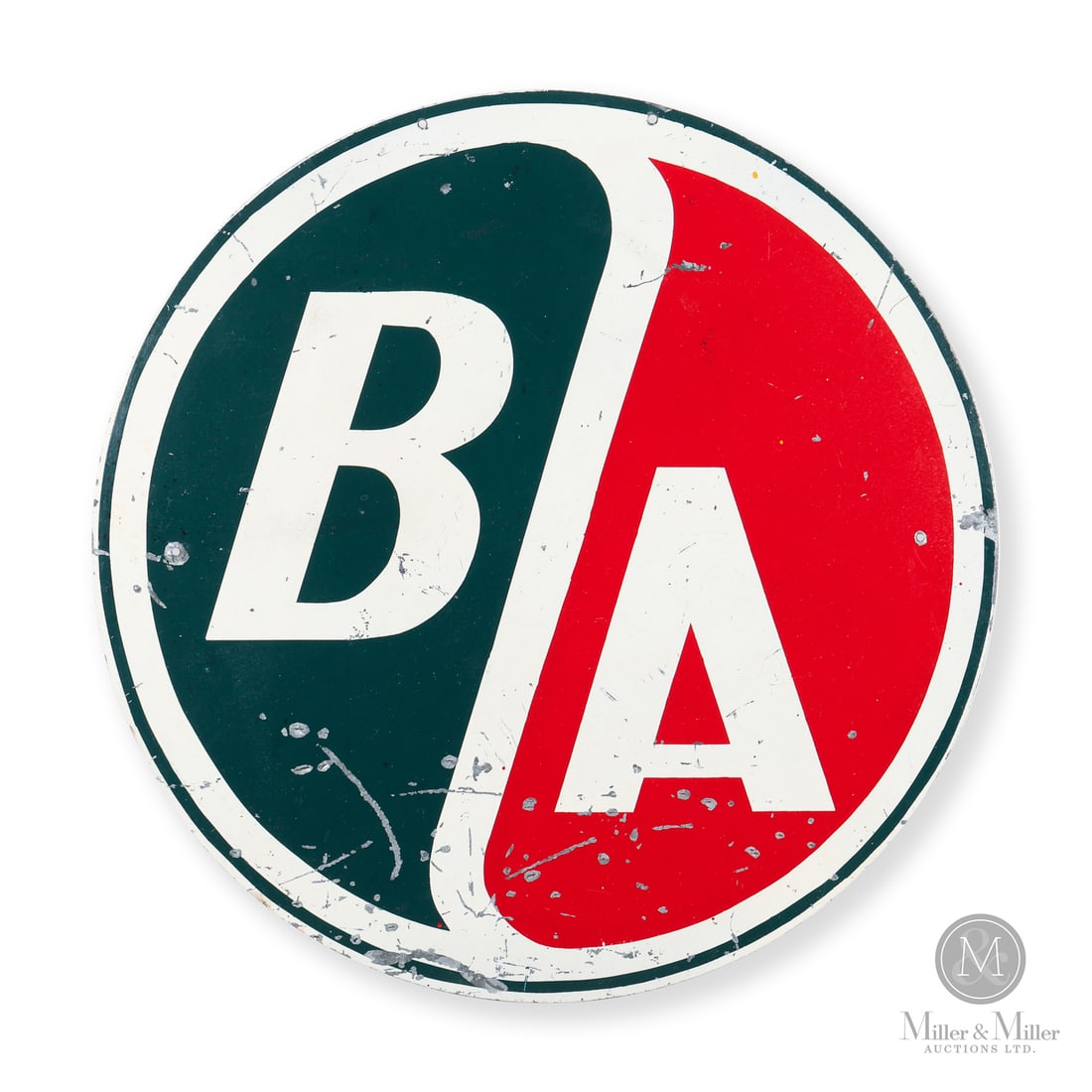 British American 2' Sign: 1948 - 1969. Single-sided painted metal (SSPM). Circular logo where each half represented a drop of oil. Very good colour and gloss. Scratches, chips and impressions, particularly in the lower