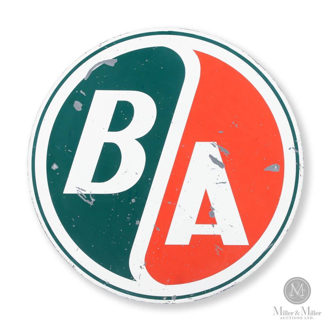 British American Oil Service Station Sign: 1948-1966. Single-sided tin (SST). The BA logo is an interesting design that features two inverted oil drops. This was a subliminal way of marketing whereby the consumer wasn't aware they were