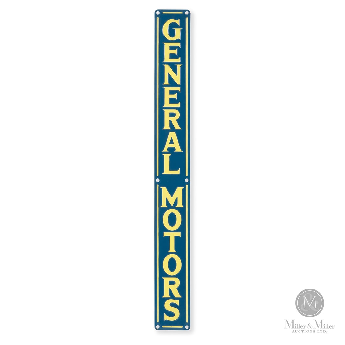 General Motors Diesel Engine Sign: 1940s-1950s. Single-sided painted metal (SSPM). Embossed. Purportedly designed for a General Motors diesel engine. Excellent colour and gloss. Fine surface scuffs and scratches. Minor nicks
