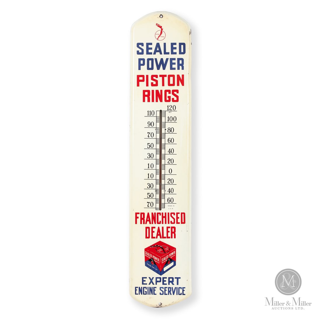 Sealed Power Piston Rings Thermometer: 1948-1959. Single-sided painted metal (SSPM). Sealed Power piston rings were original equipment for approximately 80% of American-made cars during this era, meaning nearly every car on the road at