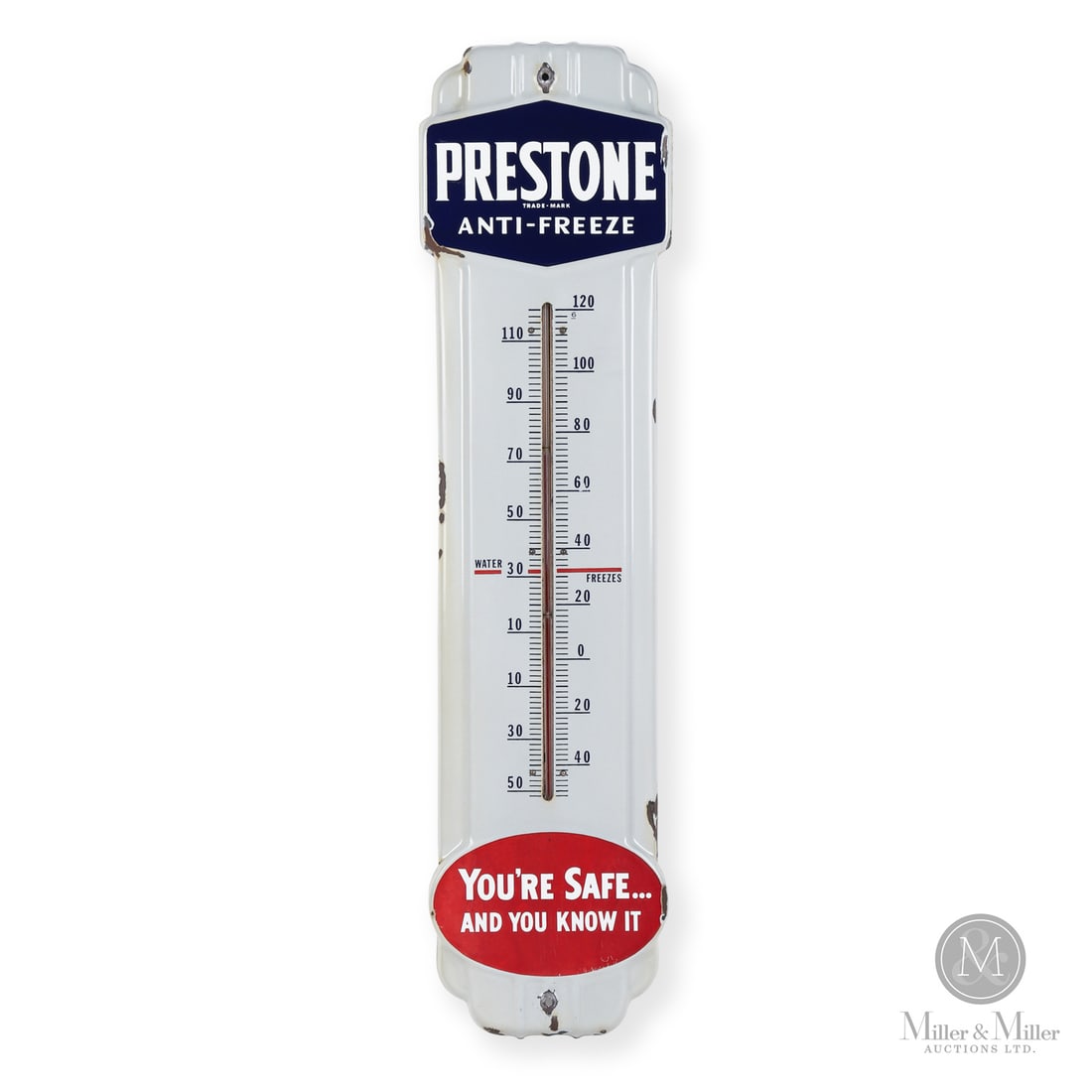 Prestone Antifreeze Thermometer: 1946-1955. Single-sided porcelain (SSP). Raised edge. This thermometer uses the "You're Safe...and You Know it" slogan, which was first introduced by Prestone in 1940. The "You're Safe" campaign was