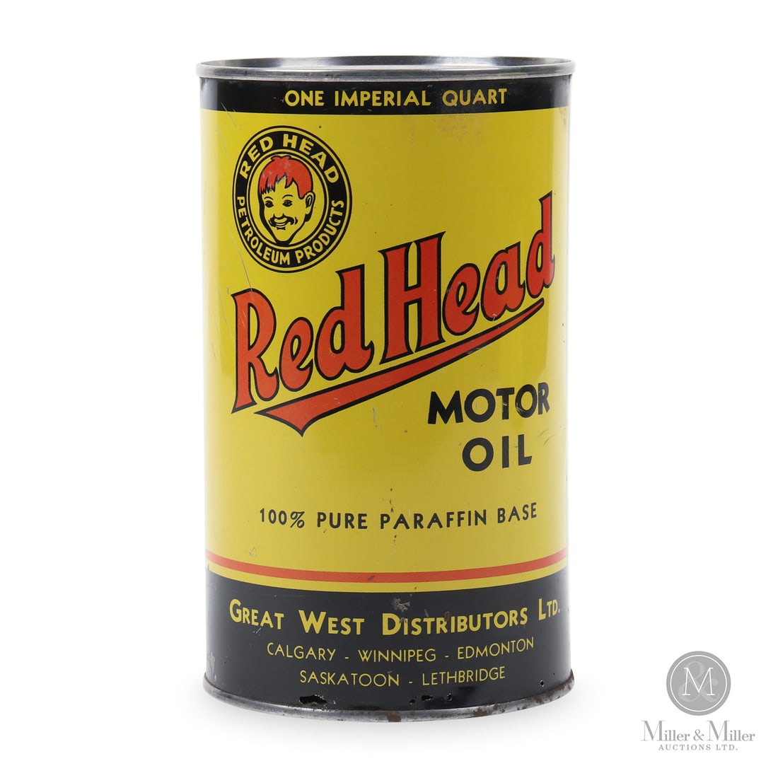 Red Head Motor Oil Imperial Quart Can: Late 1930s-1958. Lithographed tin. The "Red Head" brand was a product line of Great West Distributors based in Calgary, Alberta. The brand was introduced in the late 1930s and remained in the market u