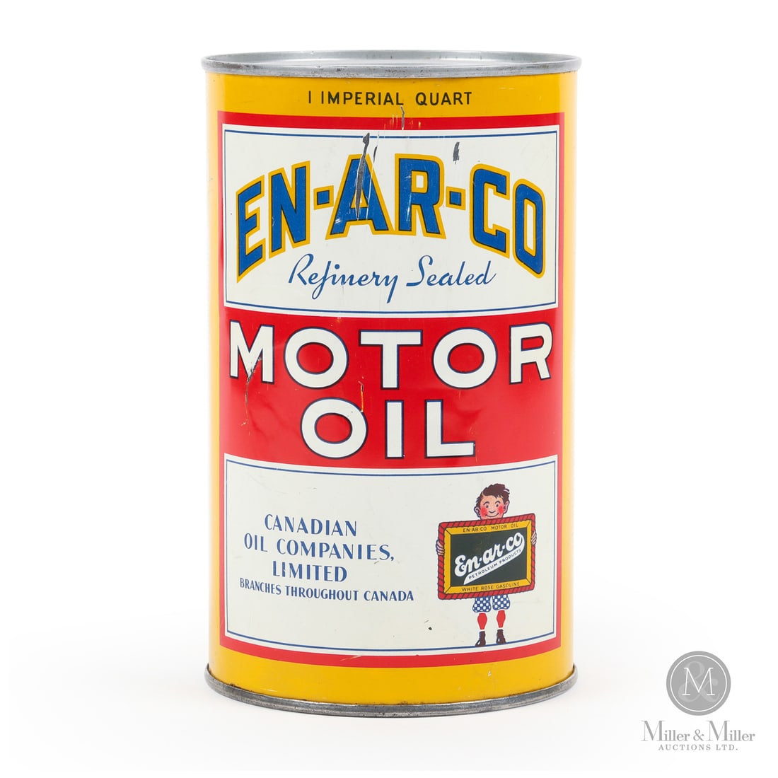 En-Ar-Co Motor Oil Imperial Quart Can: 1947 Lithographed tin. This bilingual can was produced by the American Can Company at their plant in Hamilton, Ontario (the "29" marking refers to the Hamilton plant code). The diamond icon beside the
