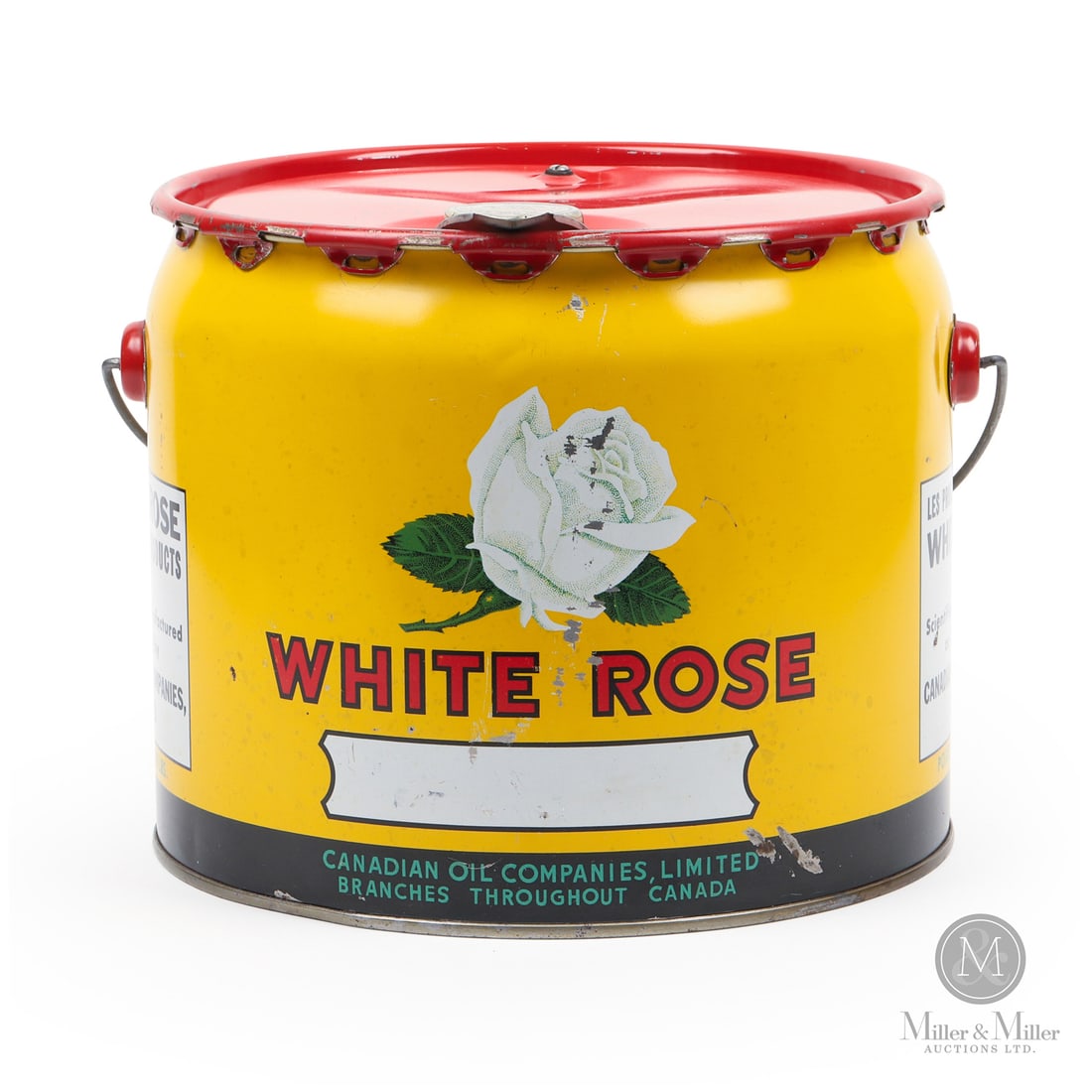 White Rose 25 lb. Grease Can: 1947 Lithographed tin. This bilingual can was produced by the American Can Company at the Seattle, Washington plant (the "31" marking refers to the Seattle plant code). The diamond icon beside the