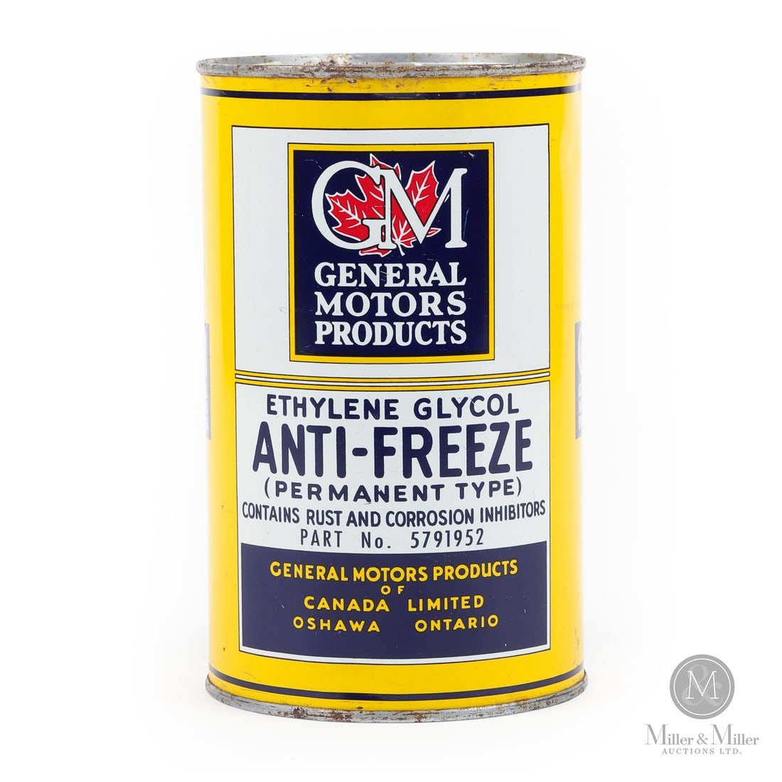 General Motors Antifreeze Imperial Quart Can: 1951-1953. Lithographed tin. The part number listed on this can (5791952) was first introduced in 1951, while the CANCO name is pre-1954. In 1954, the American Can Company started using more detailed 