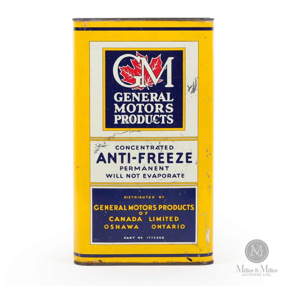 General Motors Antifreeze Imperial Gallon Can: 1937 Lithographed tin. This can was produced by the American Can Company at their Seattle, Washington plant (the "31" marking refers to the Seattle plant code). The closed bowtie icon beside the