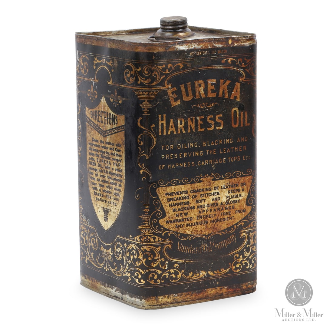 Eureka Harness Oil Gallon Can: 1910-1918. Lithographed tin. Made by the Standard Oil Co., the can was sold as a necessity for maintaining buggy seats, carriage tops, and reins to prevent cracking. The absence of a paper label, the