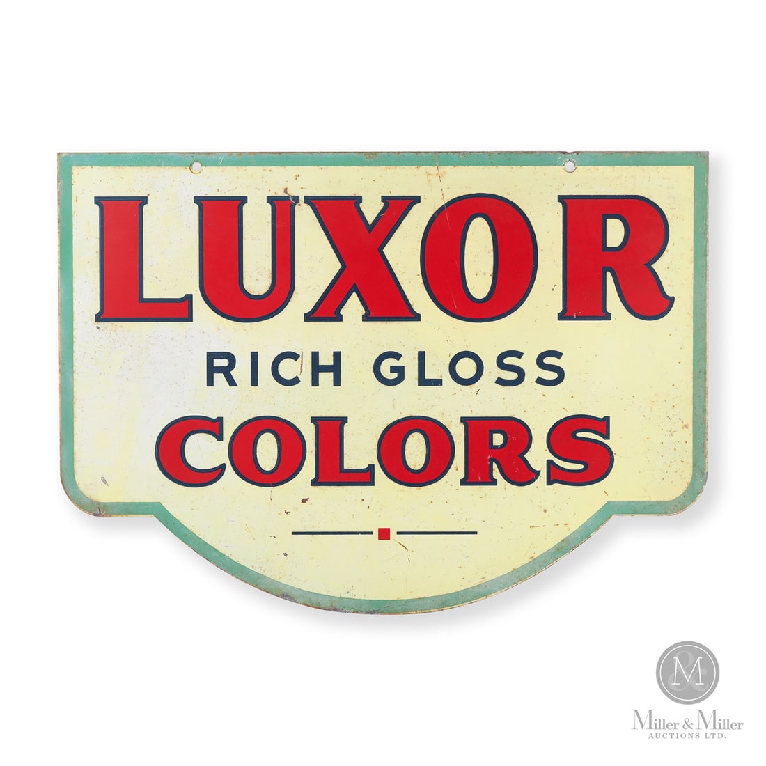 Luxor "Rich Gloss" Colors Automotive Paints Sign: 1950s. Double-sided painted metal (DSPM). Die-cut. Luxor was a major independent manufacturer of automotive and industrial paints. All items are guaranteed authentic by Miller & Miller Auctions. All