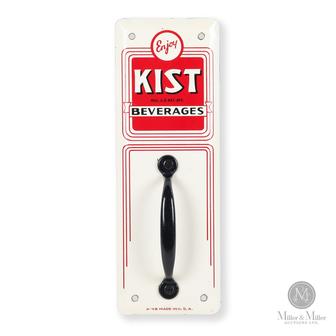 KIST BEVERAGES Door Pull: 1948. Single-sided tin (SST). Retains door handle fastened to the front. Authenticated by The Authentication Company (TAC #501559). All items are guaranteed authentic by Miller & Miller Auctions. All