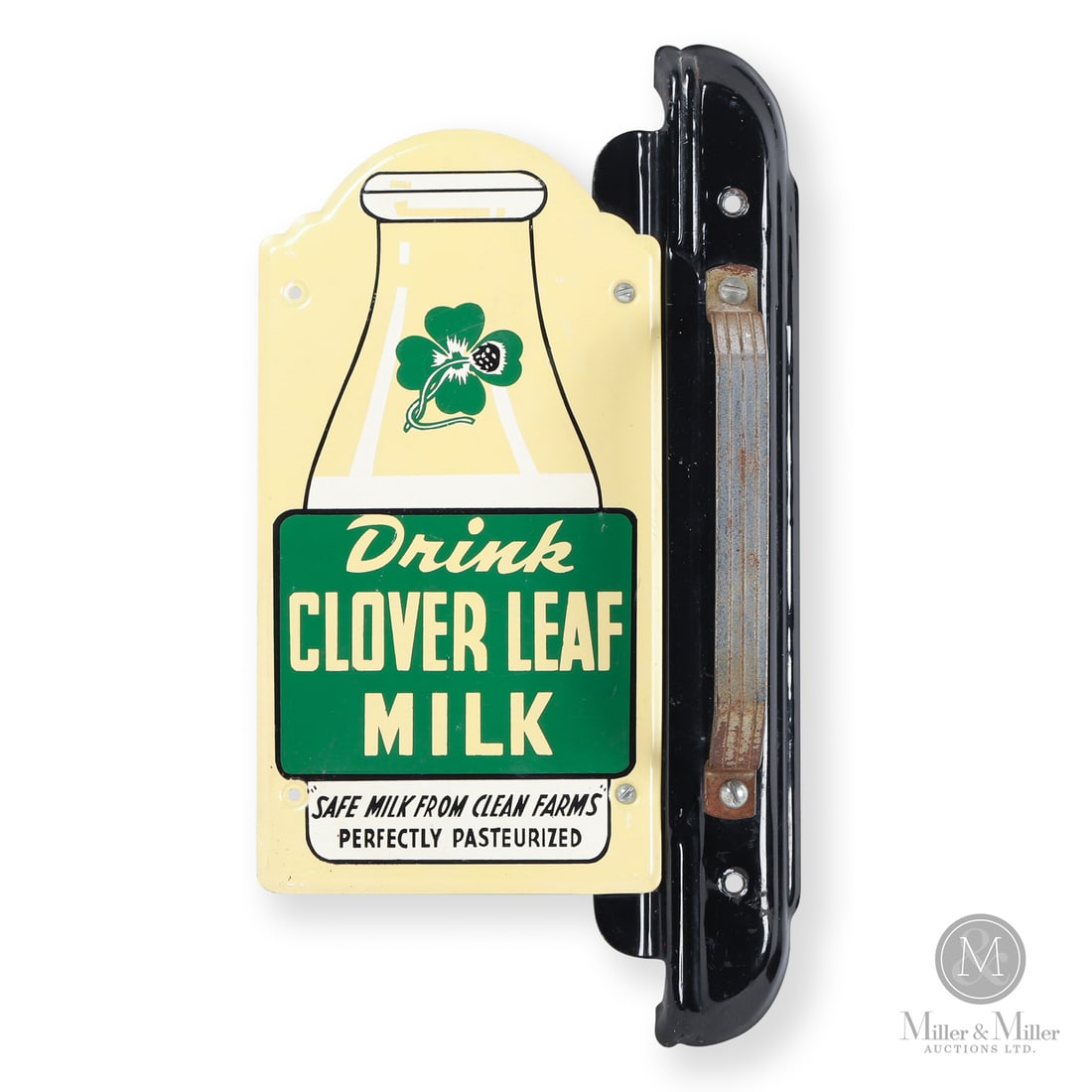 CLOVERLEAF MILK Door Pull: 1946-1949. Single-sided tin (SST). Die-cut. Remains attached to original handle. Authenticated by The Authentication Company (TAC #501563). All items are guaranteed authentic by Miller & Miller