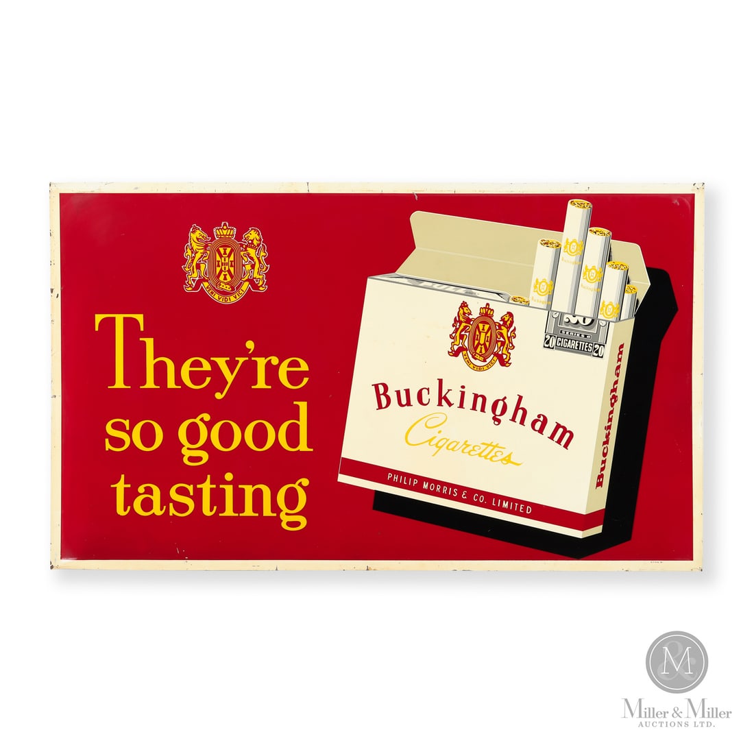 Buckingham Cigarettes Sign: 1961 Self-framed tin (SFT). Product shown with caption, "They're so good tasting". (TAC #402587). All items are guaranteed authentic by Miller & Miller Auctions. All purchases are eligible for free