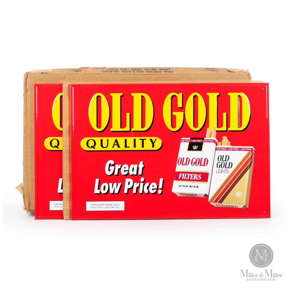 Chesterfield Cigarettes Signs: 1968. Single-sided tin (SST). Both signs are unused. All items are guaranteed authentic by Miller & Miller Auctions. All purchases are eligible for free delivery to the Check the Oil Show on June 26,
