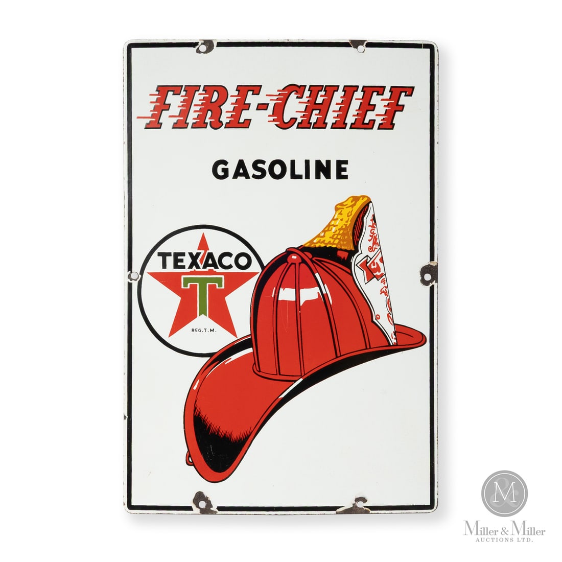 Texaco Fire-Chief Gasoline Pump Sign: 1946-1973. Single-sided porcelain (SSP). Hyphenated version. The Fire Chief brand was introduced in 1932 as a super-octane fuel. It was marketed as being the same high-performance fuel used by U.S.