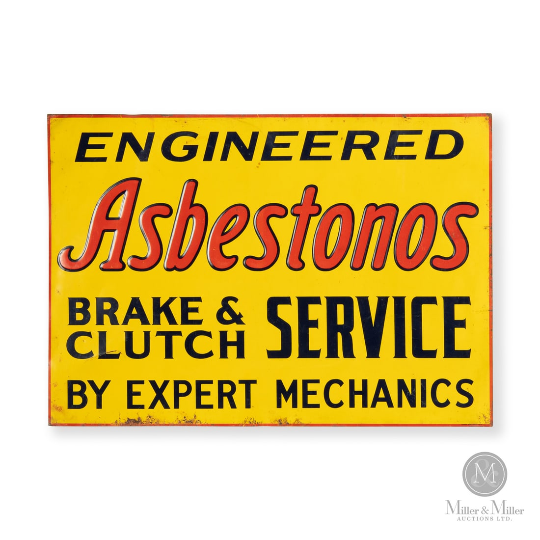 Asbestonos Service Sign: 1927-1939. Single-sided tin (SST). Embossed. Asbestonos was a brand of automotive friction products, primarily brake linings and clutch facings, manufactured by the Asbestonos Corporation Limited